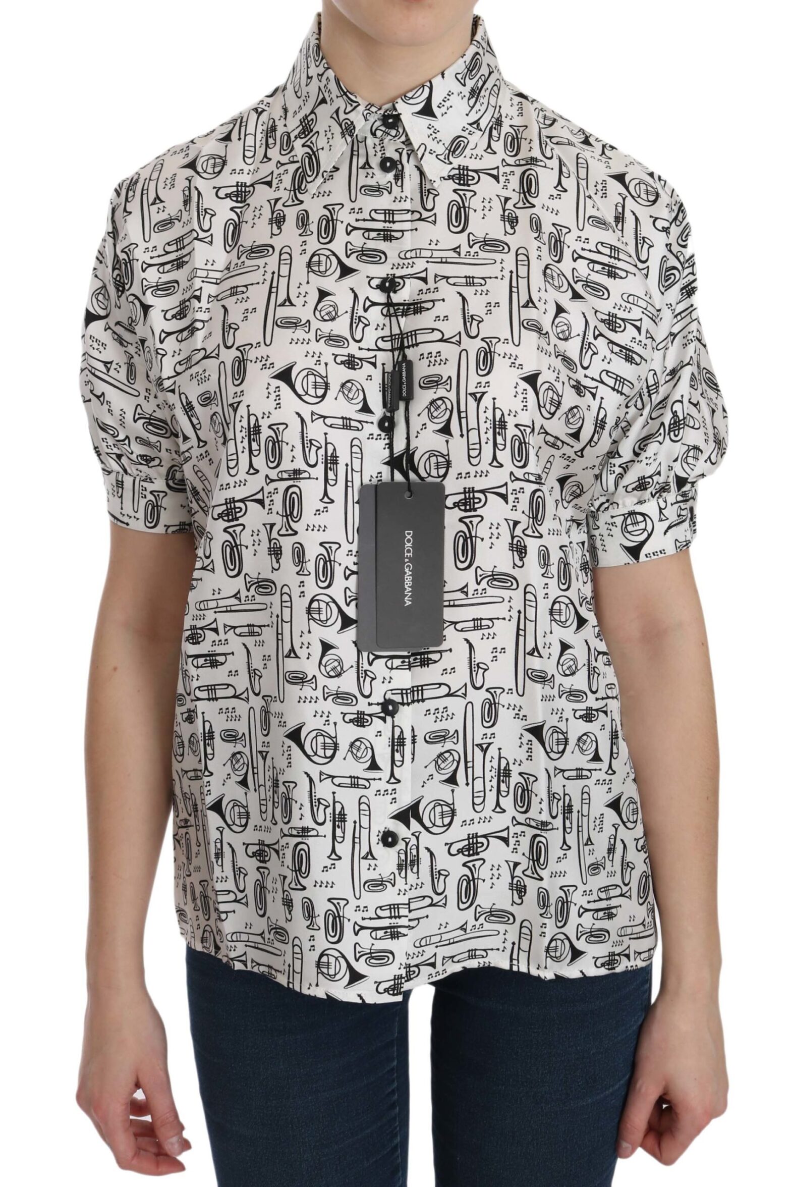 Dolce & Gabbana - White Musical Instrument Collared Blouse  Shirt