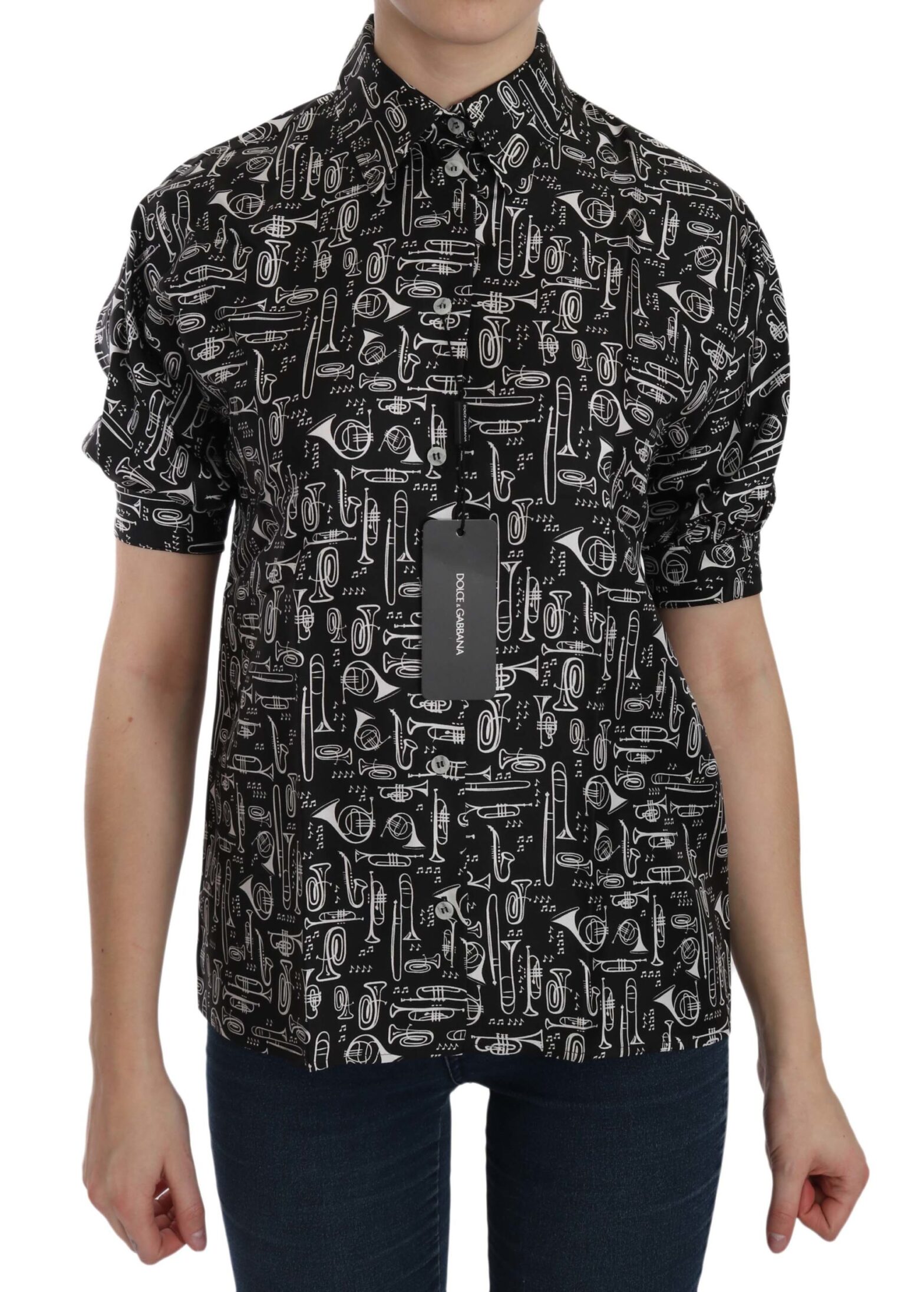 Dolce & Gabbana - Black Musical Instrument Collared Blouse Shirt