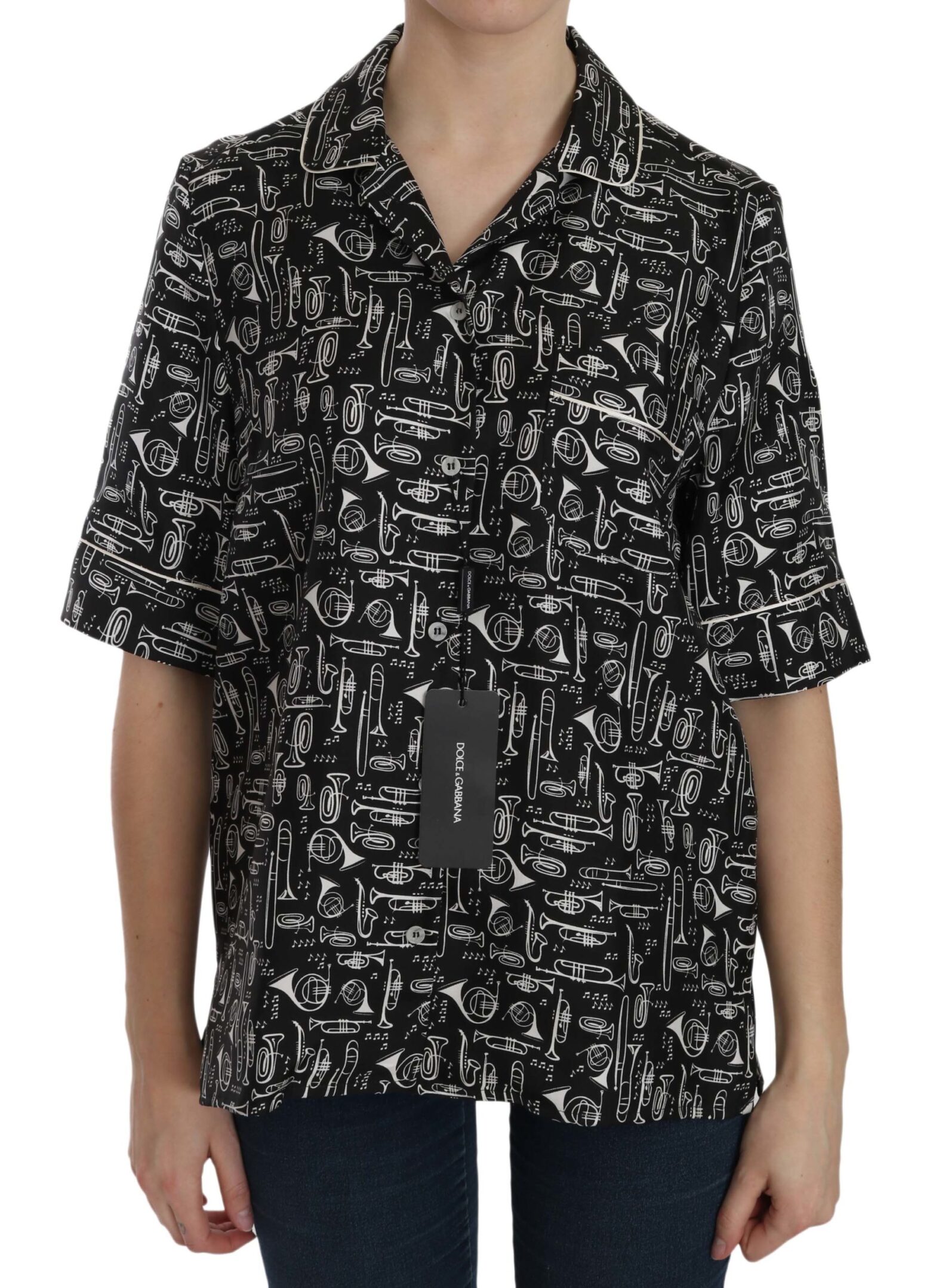 Dolce & Gabbana - Black Musical Instrument Print Silk  Top