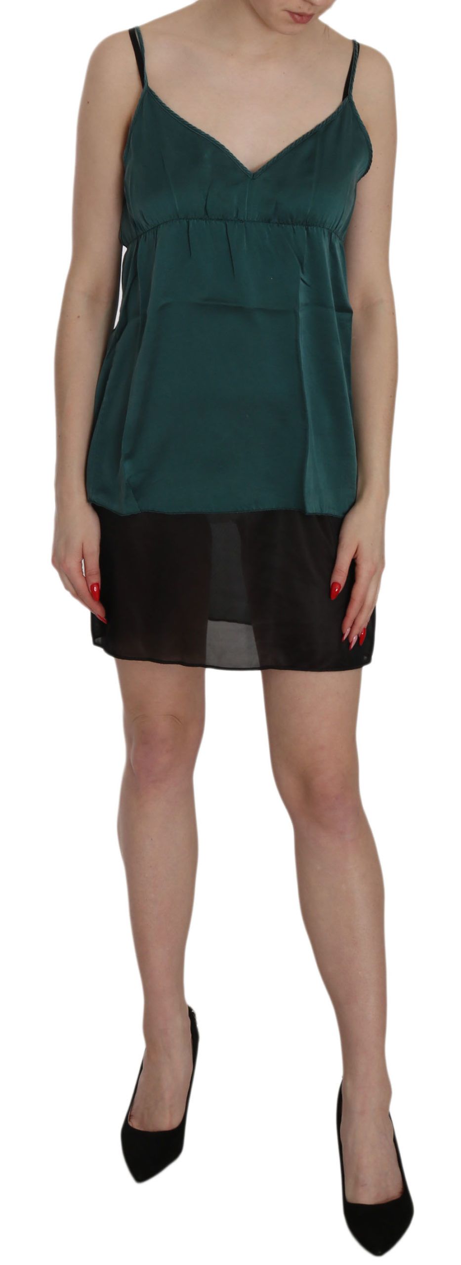 PINK MEMORIES - Silk Green Spaghetti Strap Shift Mini Dress