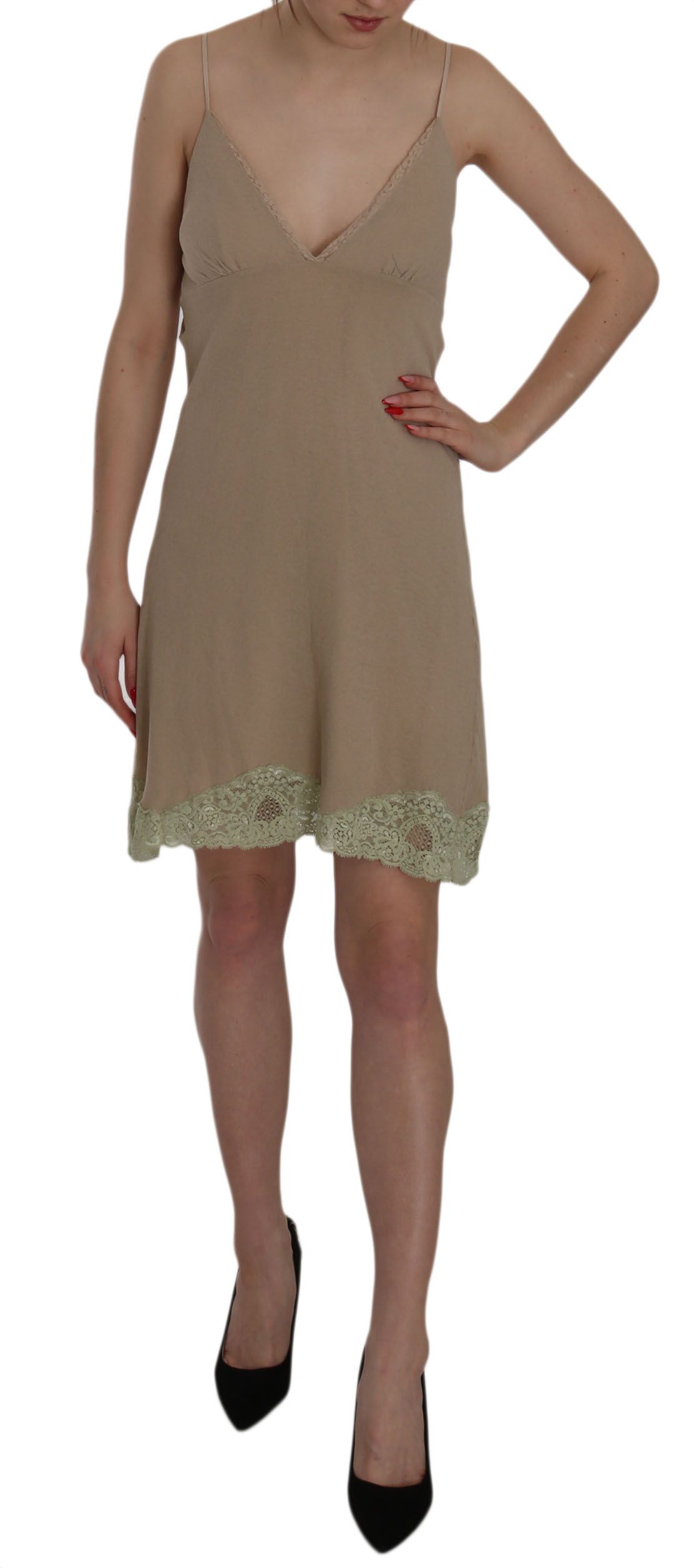 PINK MEMORIES - Beige Lace Spaghetti Strap Mini Cotton Dress