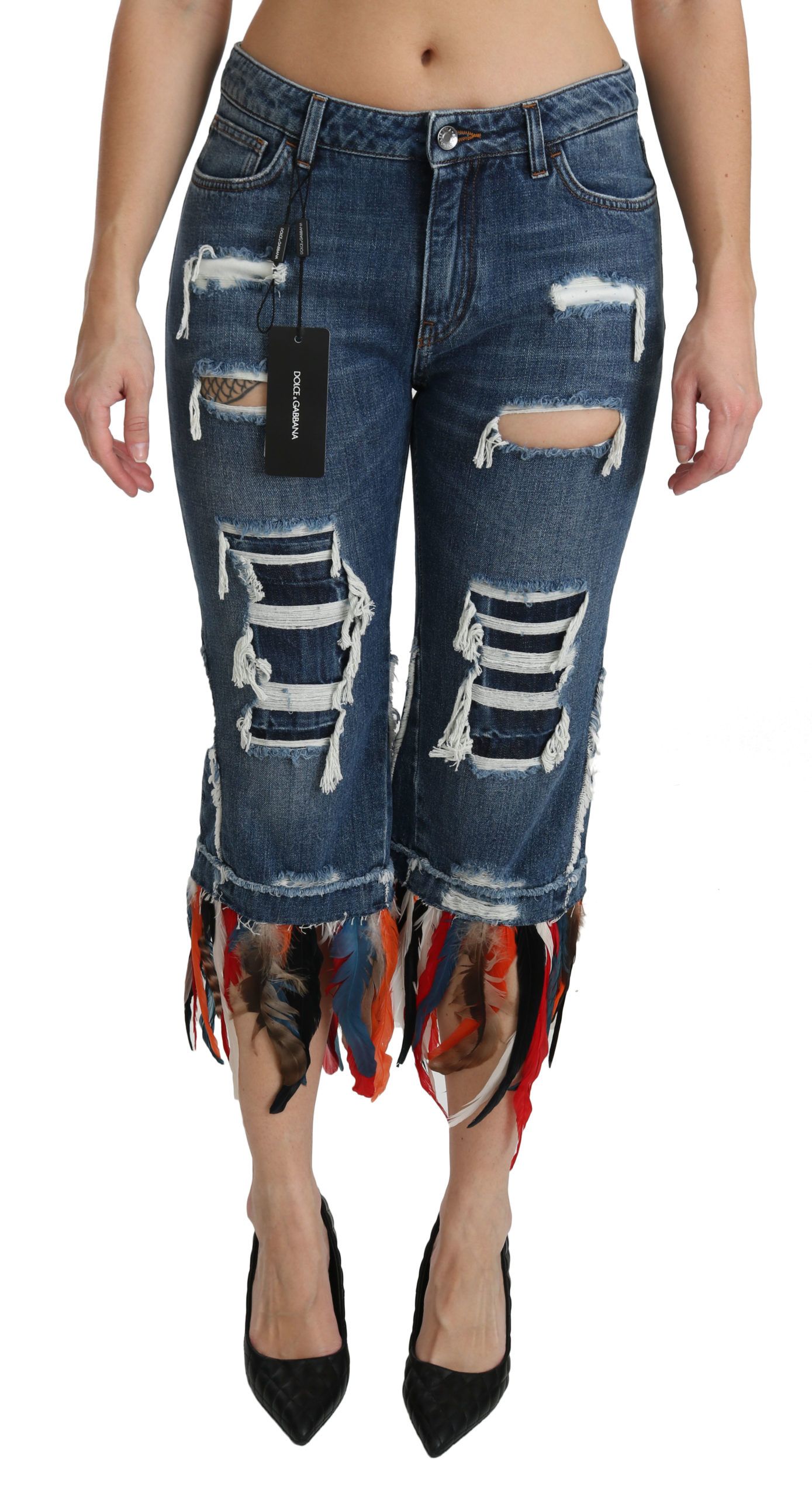 Dolce & Gabbana - Blue Feathers Low Waist Cropped Cotton Jeans