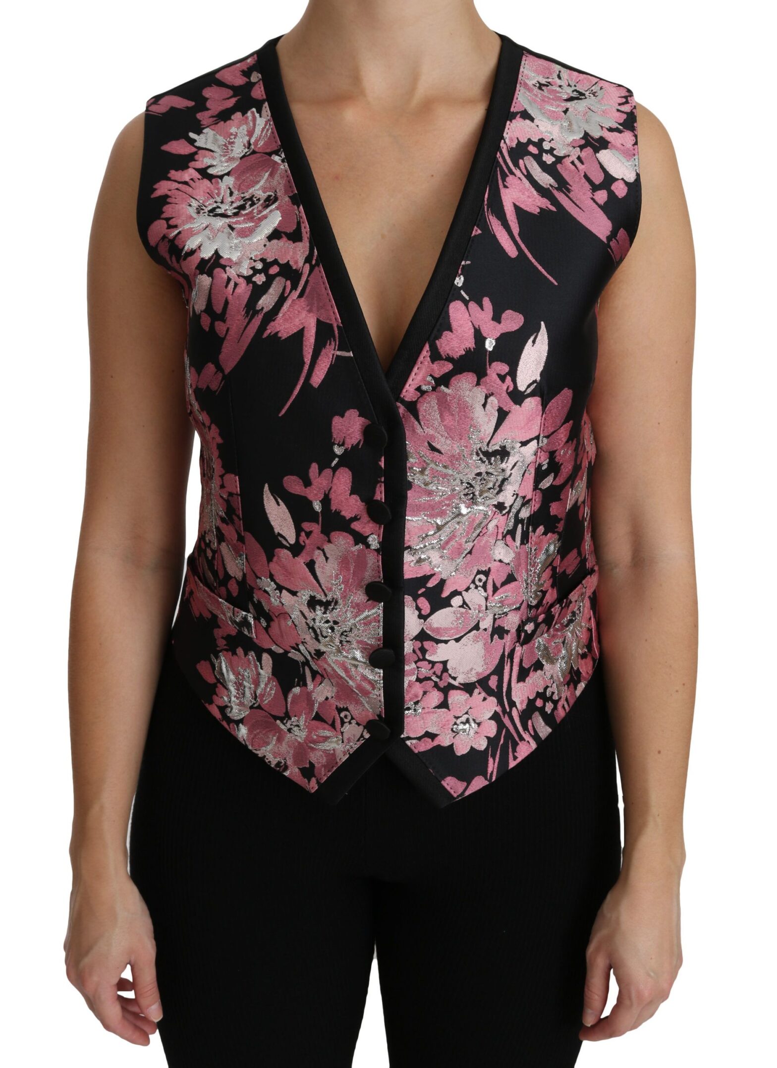Dolce & Gabbana - Black Pink Floral Waistcoat Vest Blouse Top