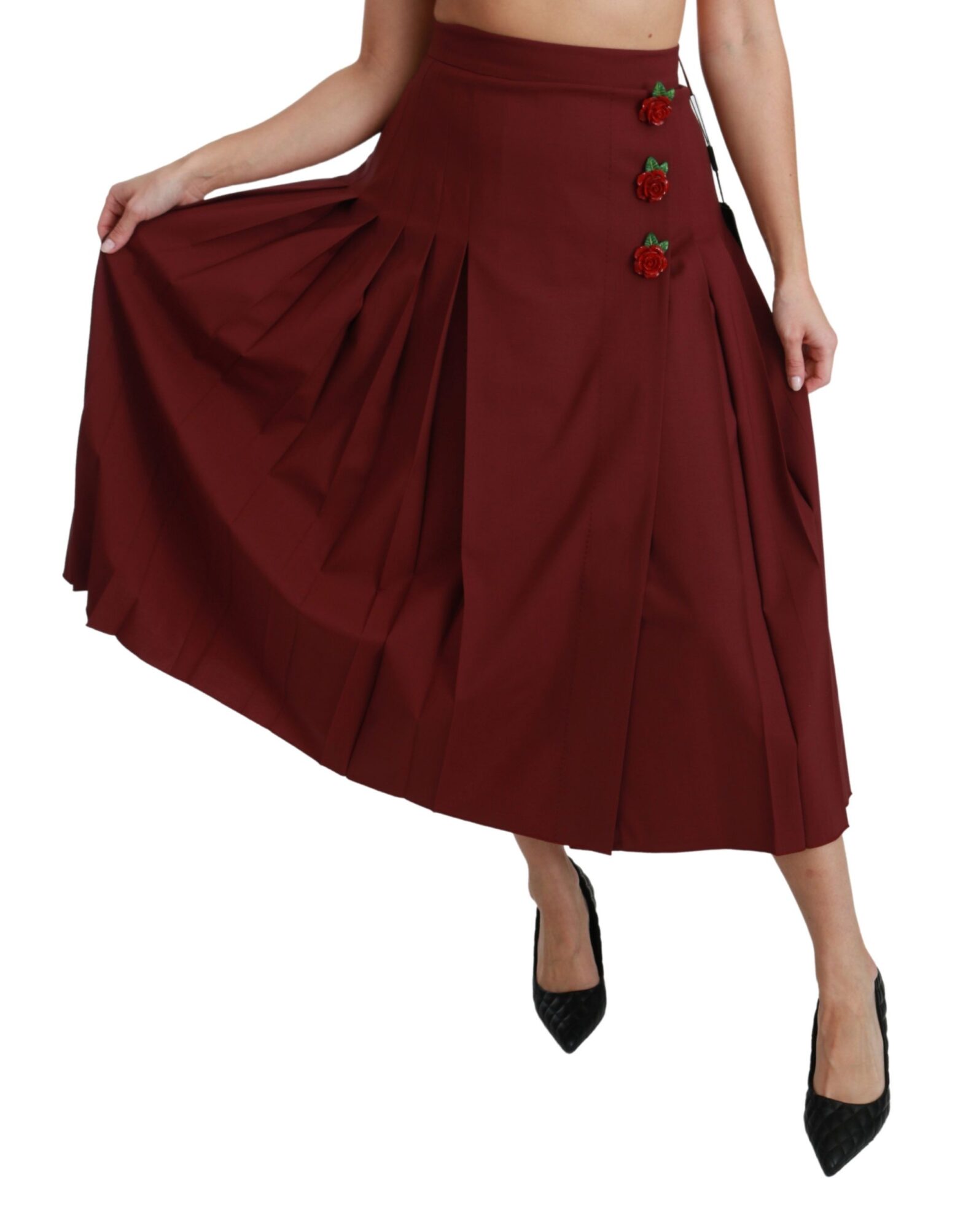 Dolce & Gabbana - Red High Waist Pleated Maxi Wool Skirt