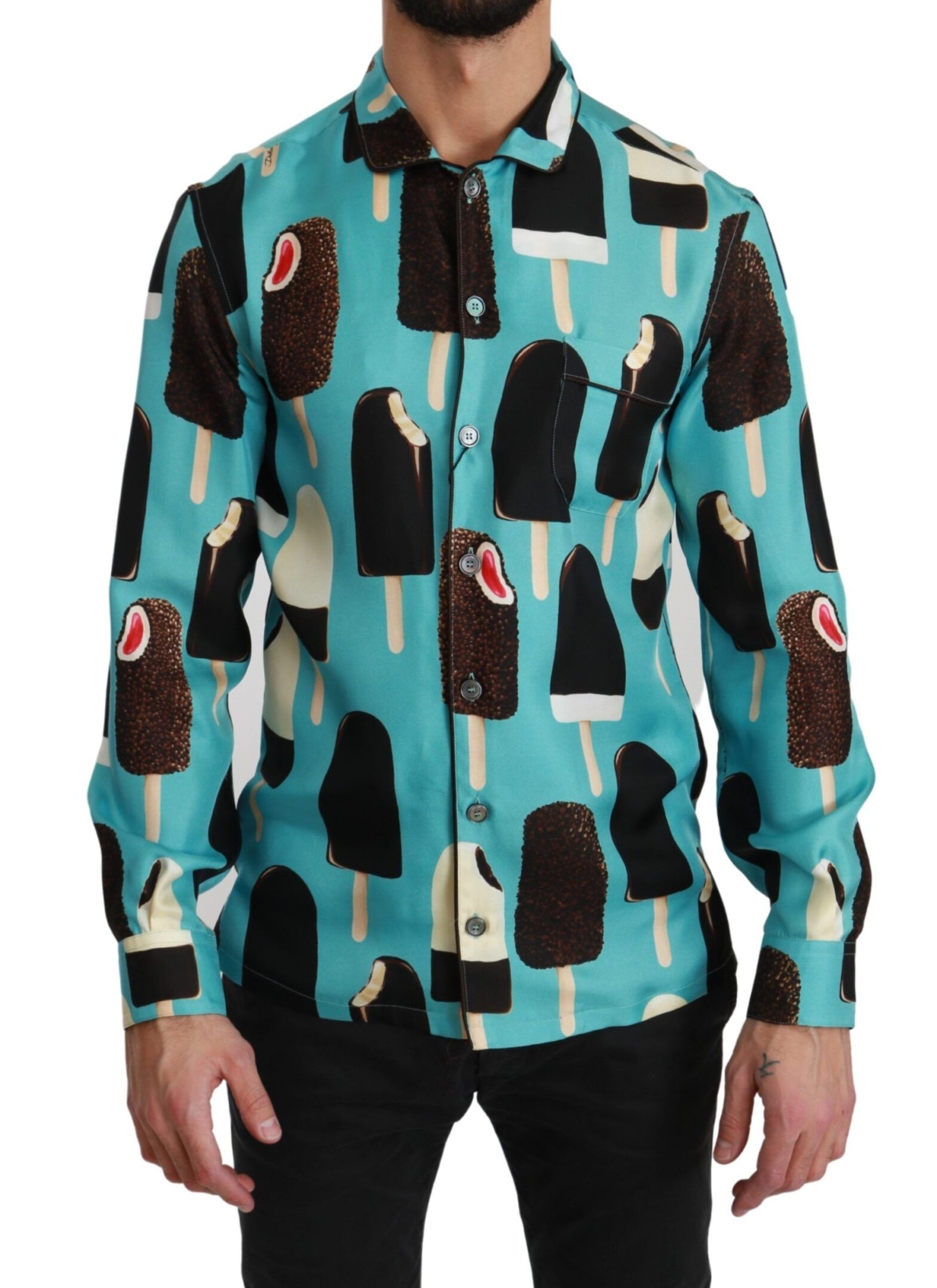 Dolce & Gabbana - Blue Silk Ice Cream Print Casual Shirt