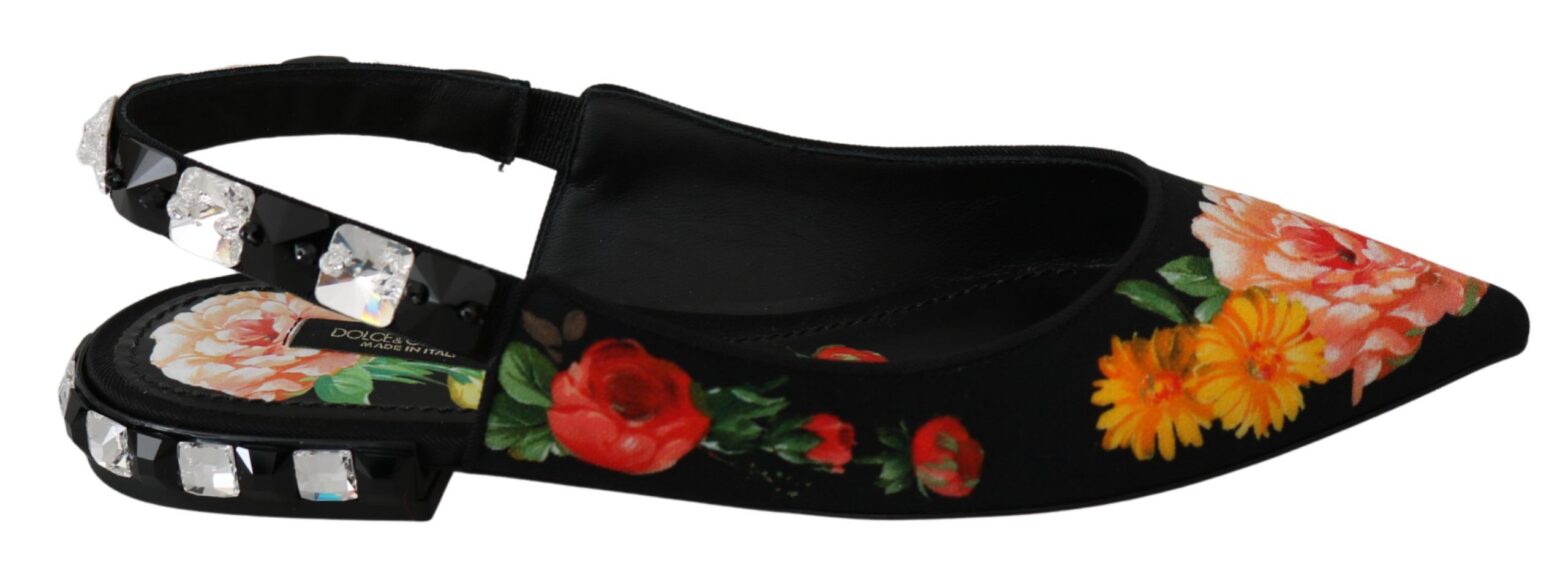 Dolce & Gabbana - Black Floral Crystal Slingbacks Flats Shoes