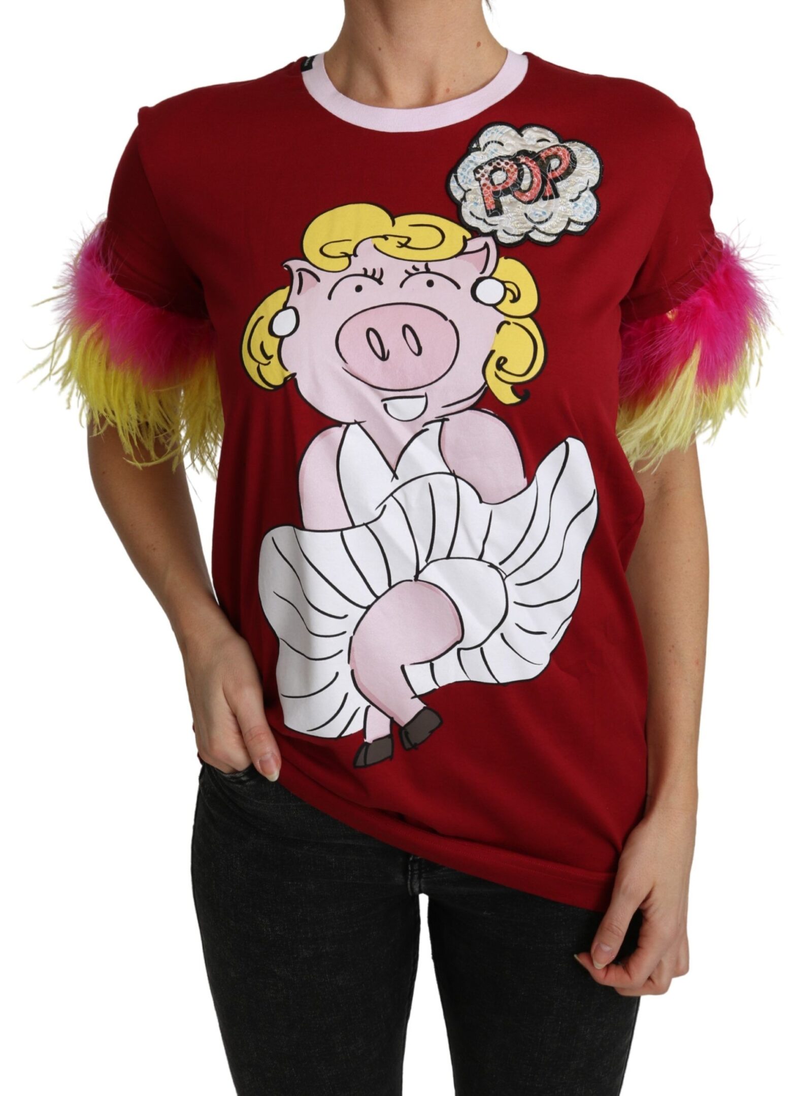 Dolce & Gabbana - Red Pig Print Feather Sleeves T-shirt Top