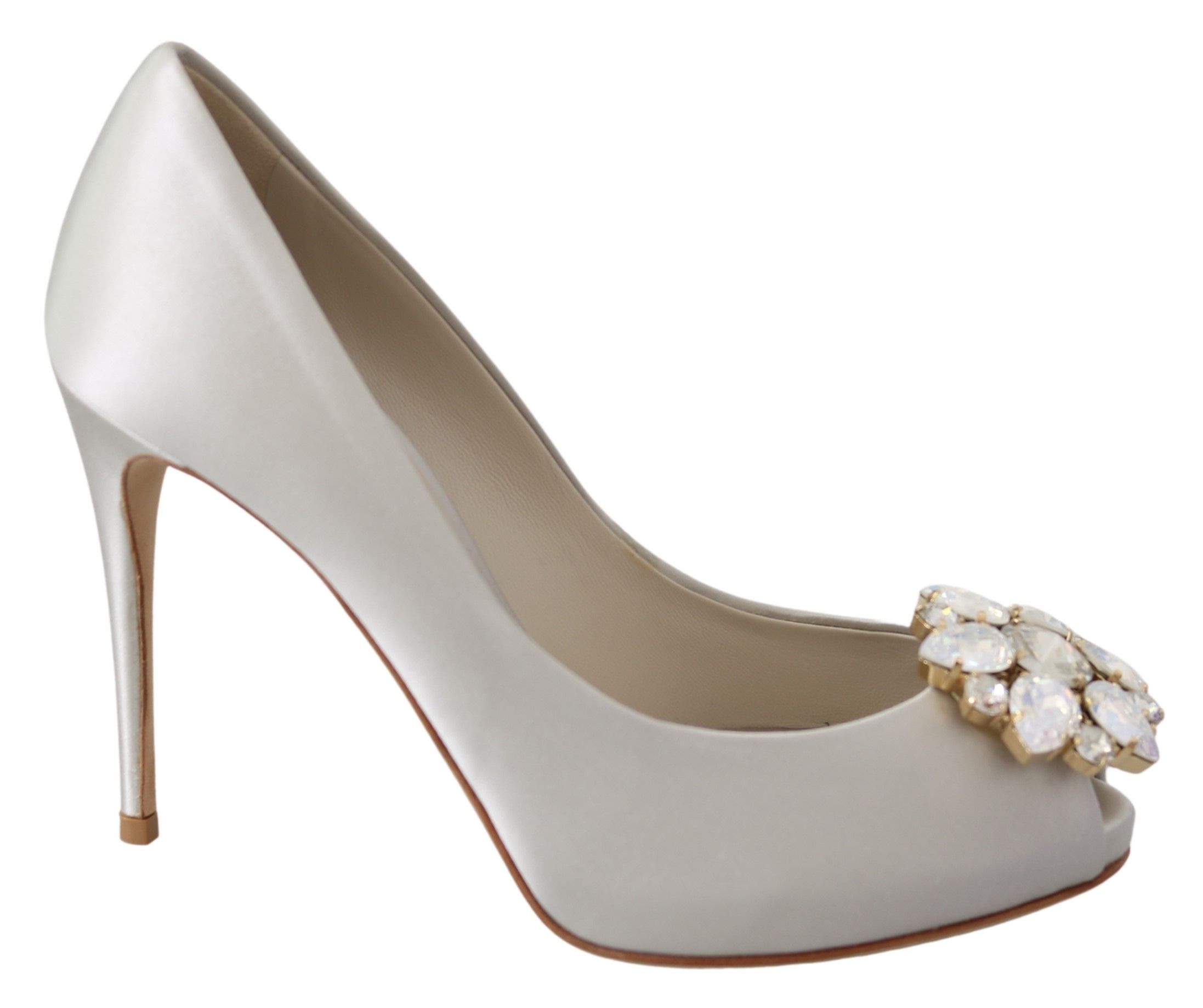 Dolce & Gabbana - White Crystals Peep Toe Heels Satin Pumps Shoes