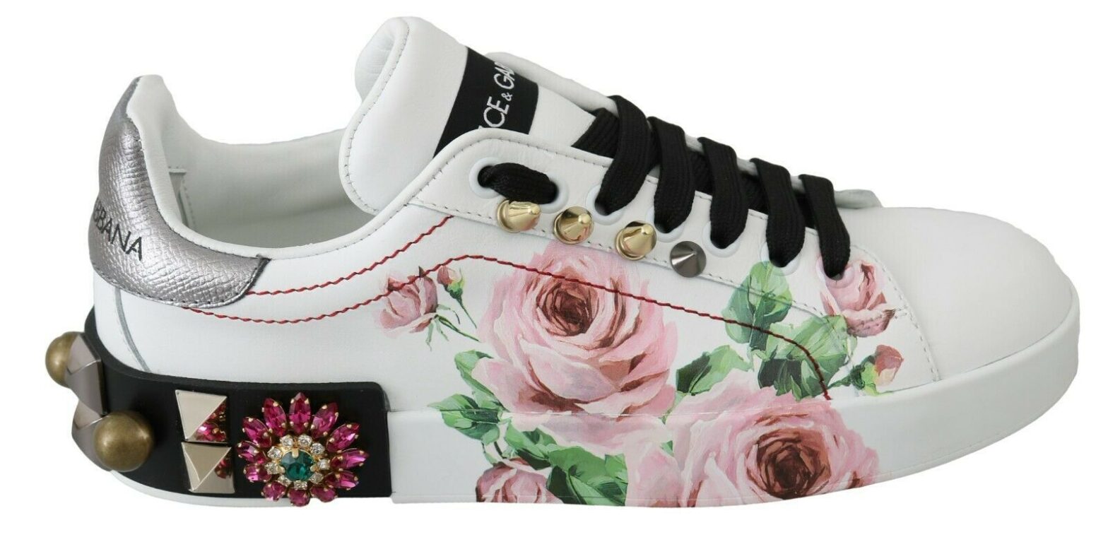 Dolce & Gabbana - White Leather Crystal Roses Floral Sneakers Shoes