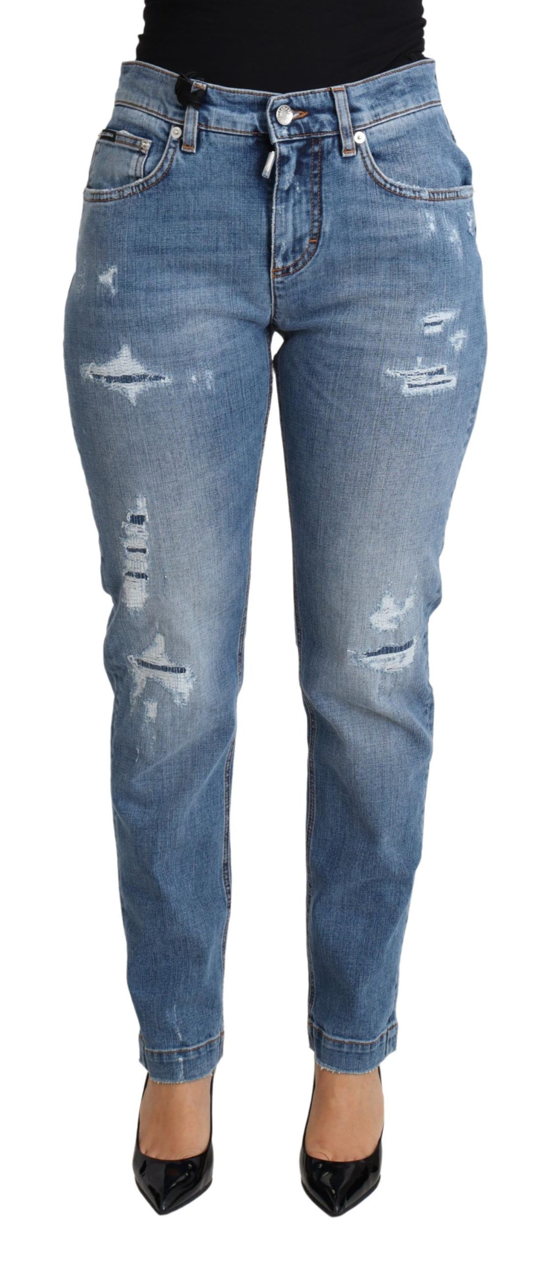 Dolce & Gabbana - Blue Tattered Skinny Denim Cotton Blend Jeans