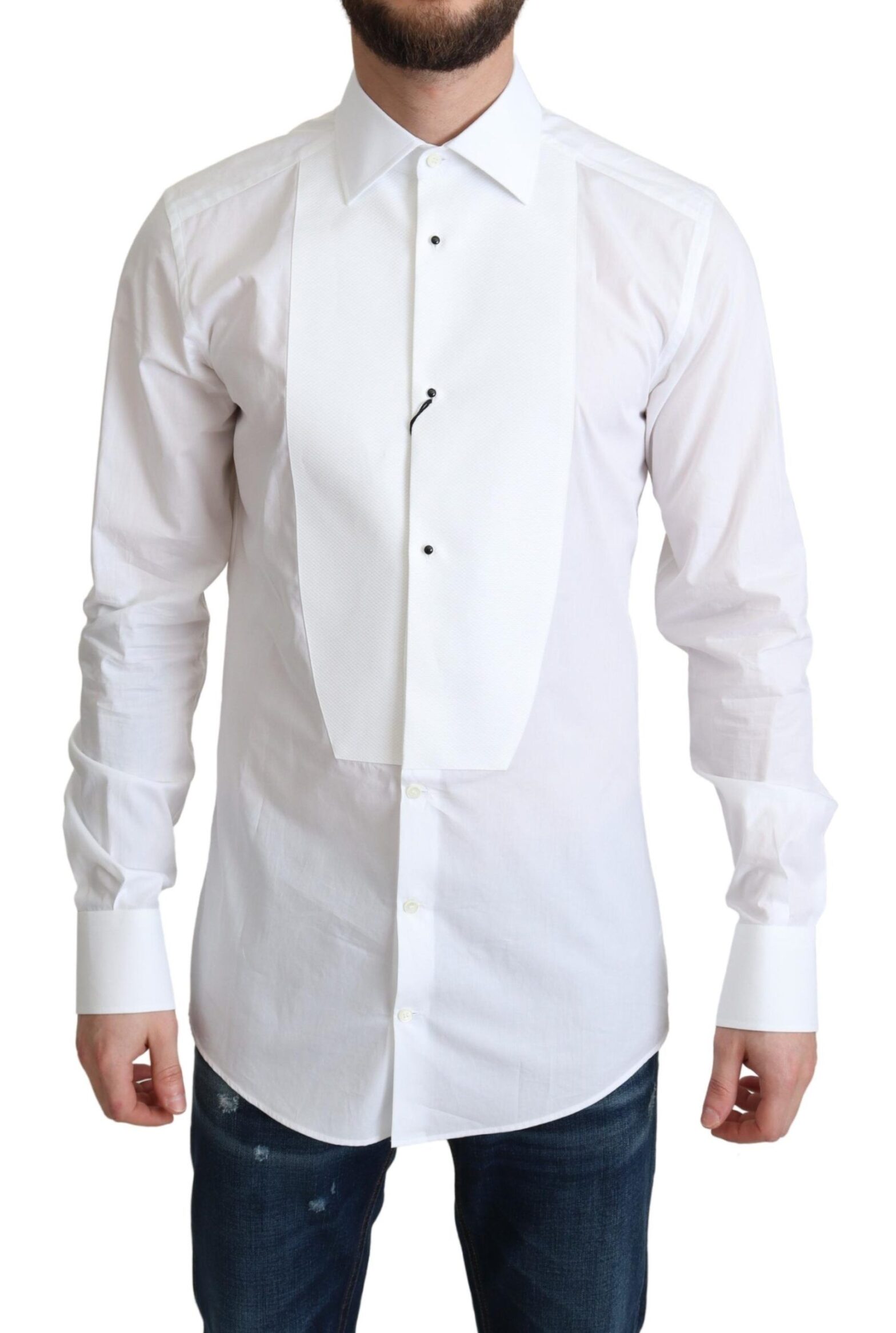 Dolce & Gabbana - White Bib Cotton Poplin Men Formal Shirt