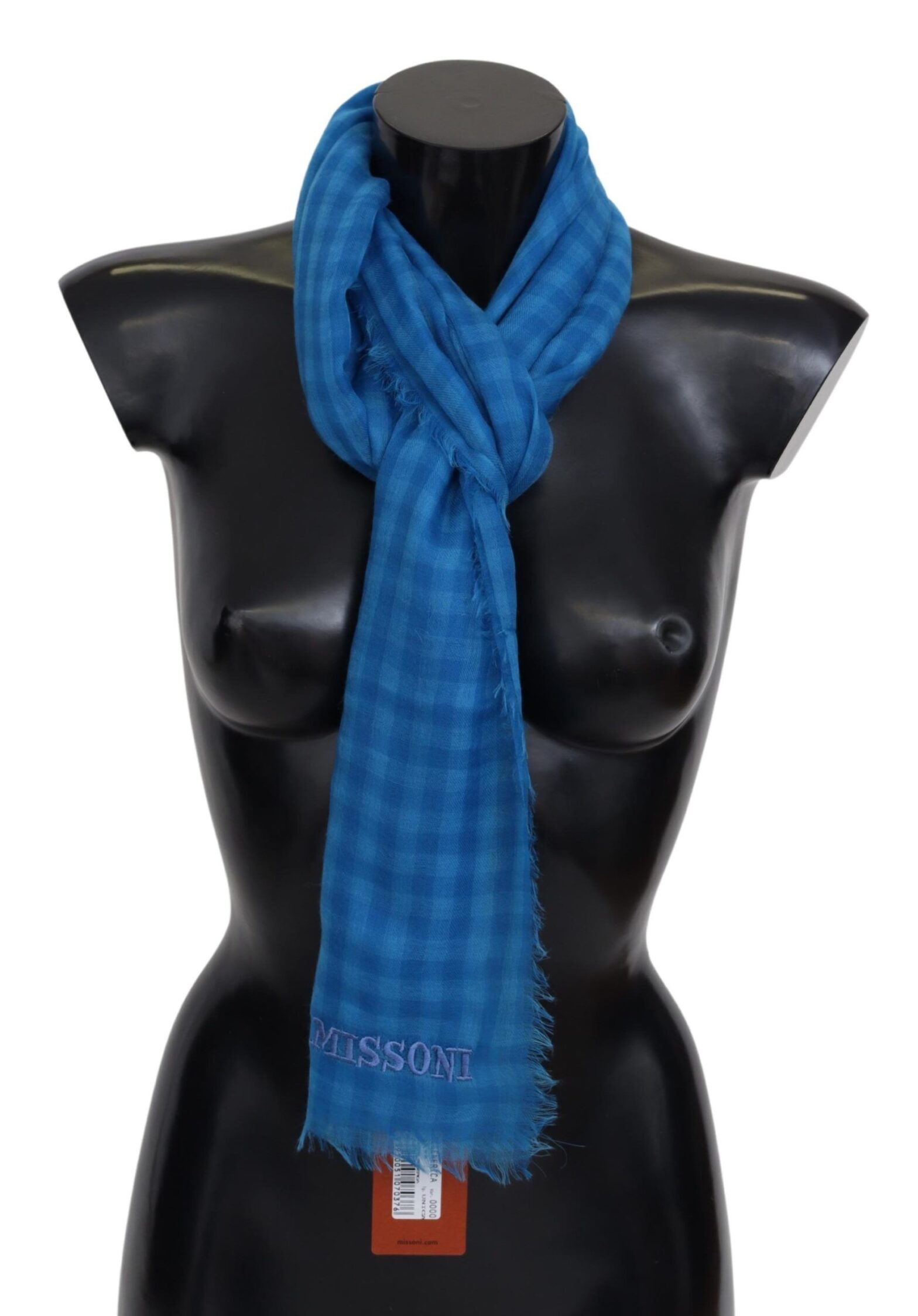 Missoni - Blue Checkered Cashmere Unisex Wrap Fringes Scarf