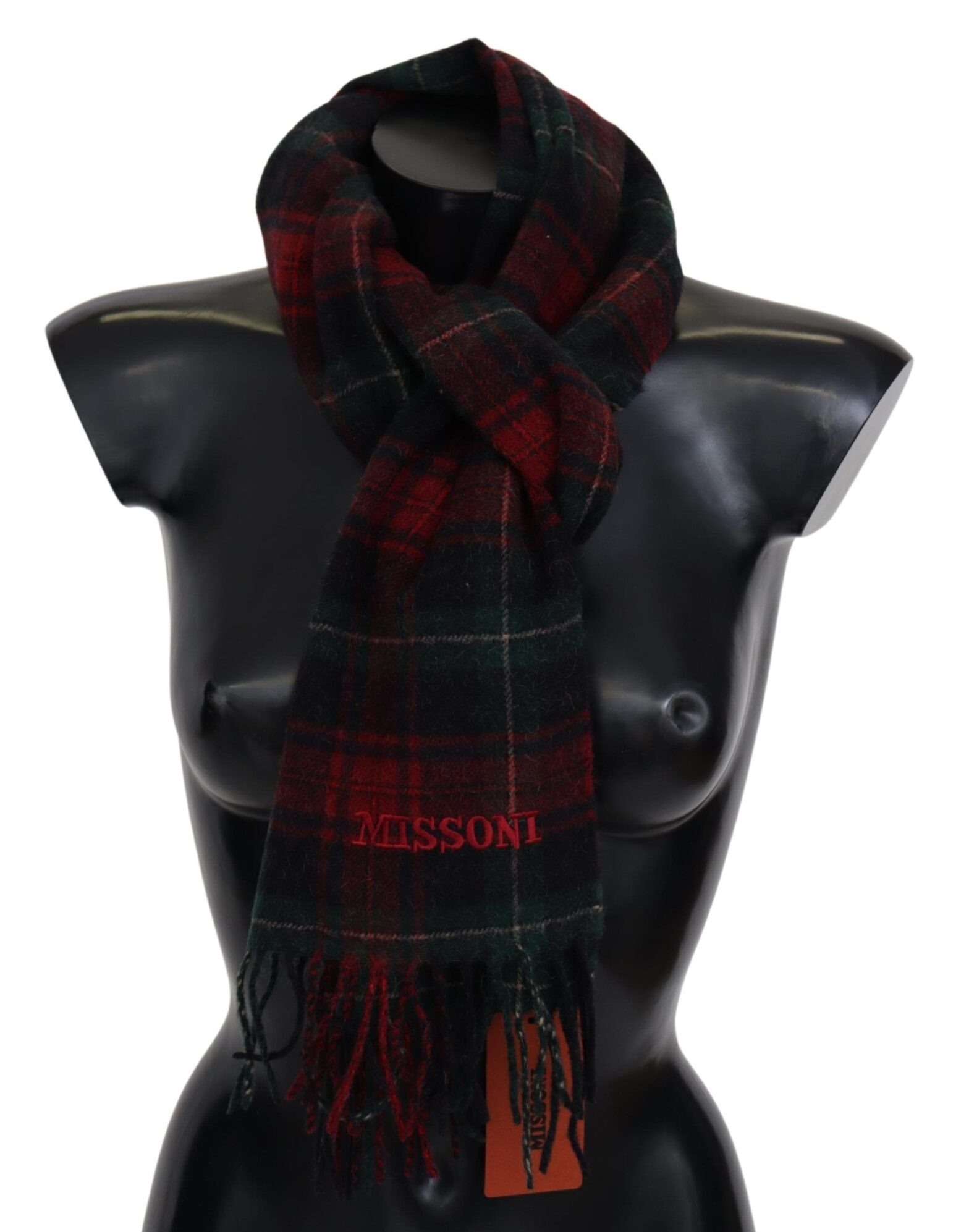 Missoni - Black Red Check Wool Unisex Neck Wrap Fringes Scarf