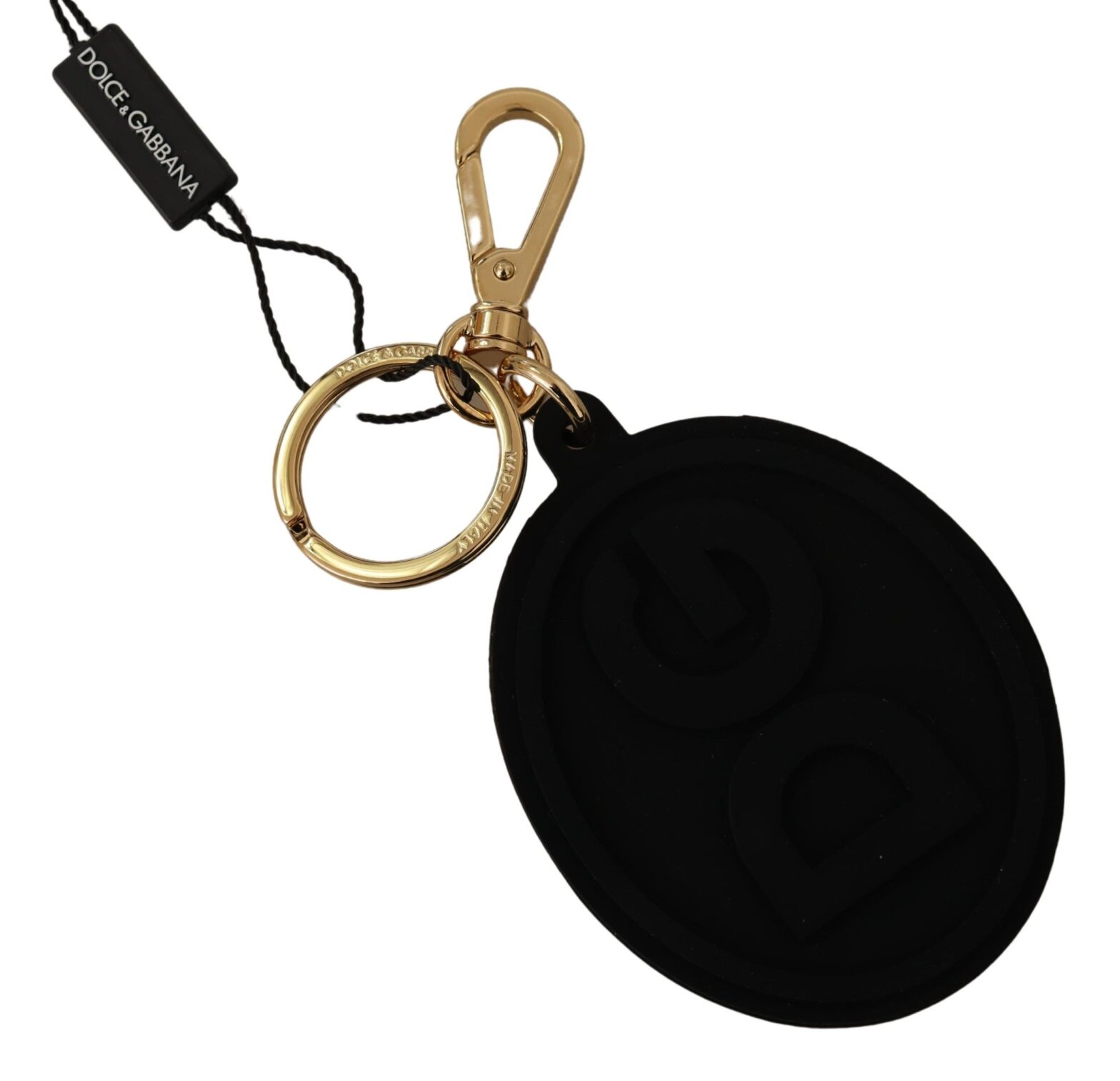 Dolce & Gabbana - Black Rubber DG Logo Gold Brass Metal Keyring Keychain