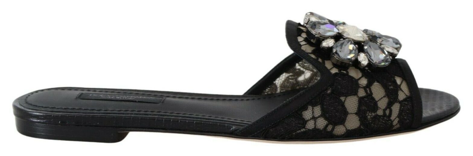 Dolce & Gabbana - Black Taormina Lace Slides Crystals Flats Shoes