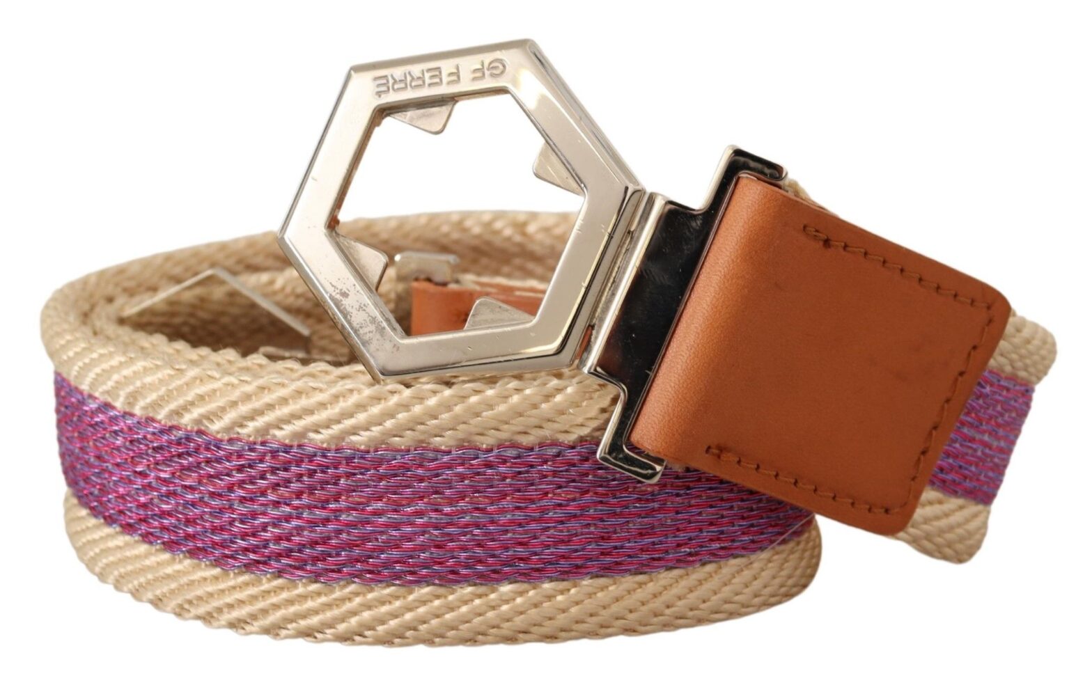 GF Ferre - Multicolor Leather Silver Hexagon Logo Buckle Belt