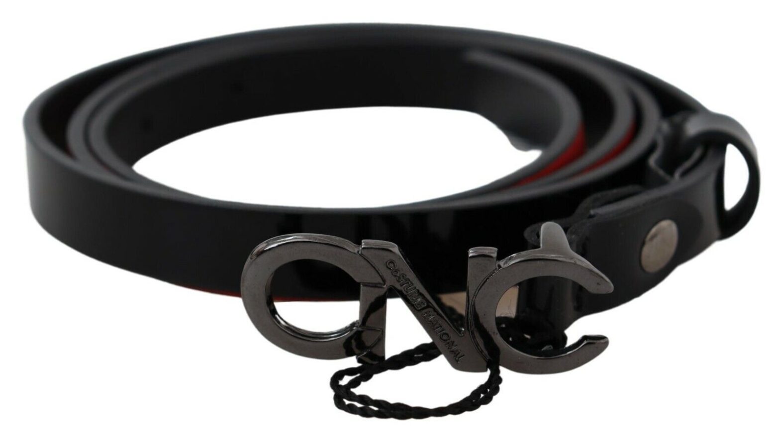 Costume National - Black Skinny Leather Logo Buckle Belt