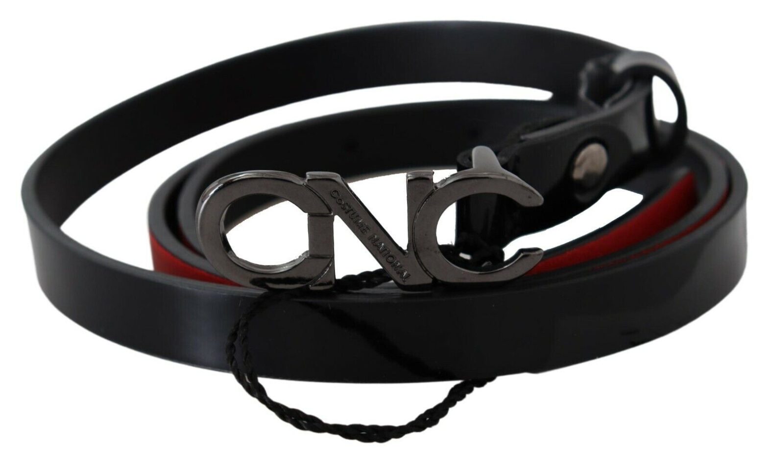 Costume National - Black Skinny Leather Logo Buckle Belt