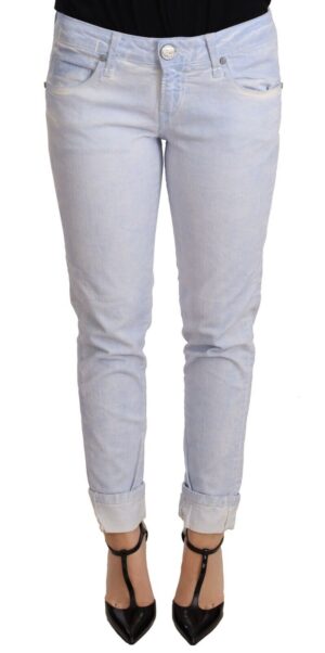 Light Blue Cotton Folded Hem Denim Skinny Women Trouser Jeans