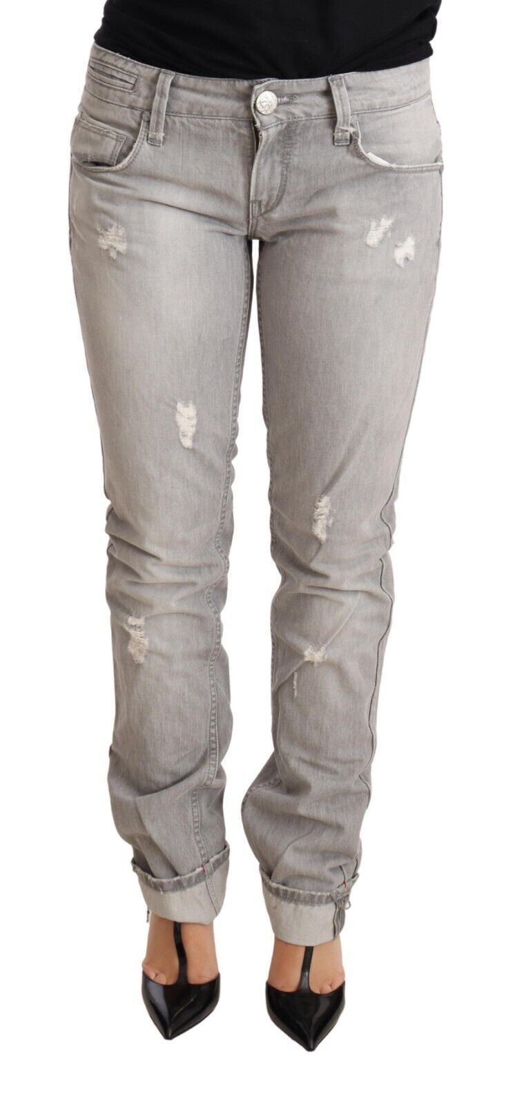 Acht - Gray Tattered Cotton Slim Fit Folded Hem Women Denim Jeans