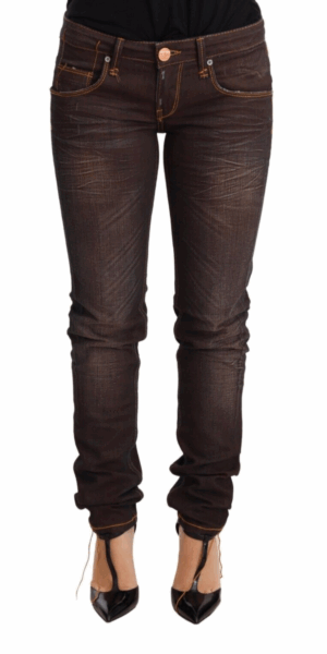 Brown Washed Cotton Slim Fit Denim Low Waist Trouser Jeans