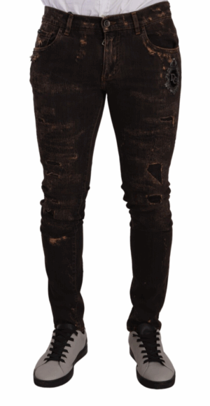 Brown Distressed Slim Fit Skinny Denim Jeans