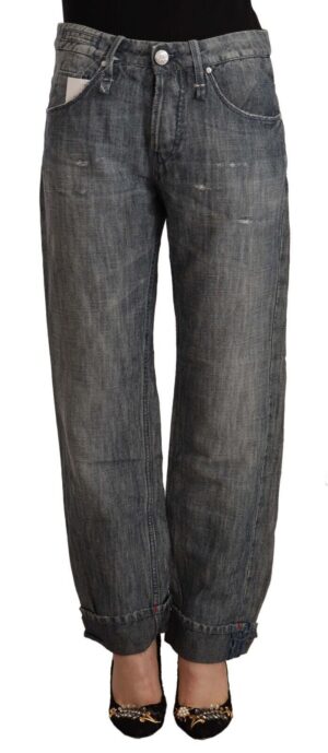 Gray Washed Ramie Straight Denim Folded Hem Jeans