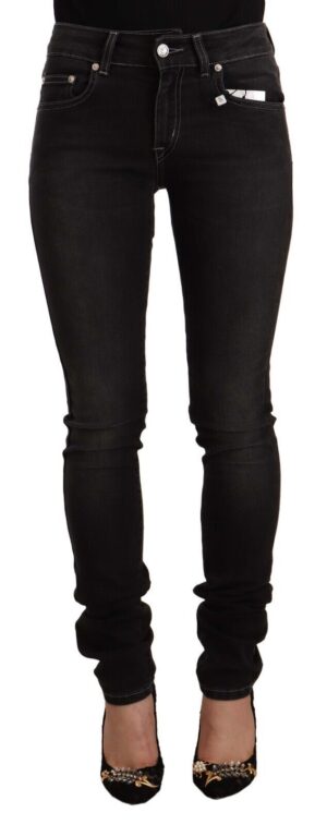 Black Washed Mid Waist Cotton Skinny Slim Fit Jeans