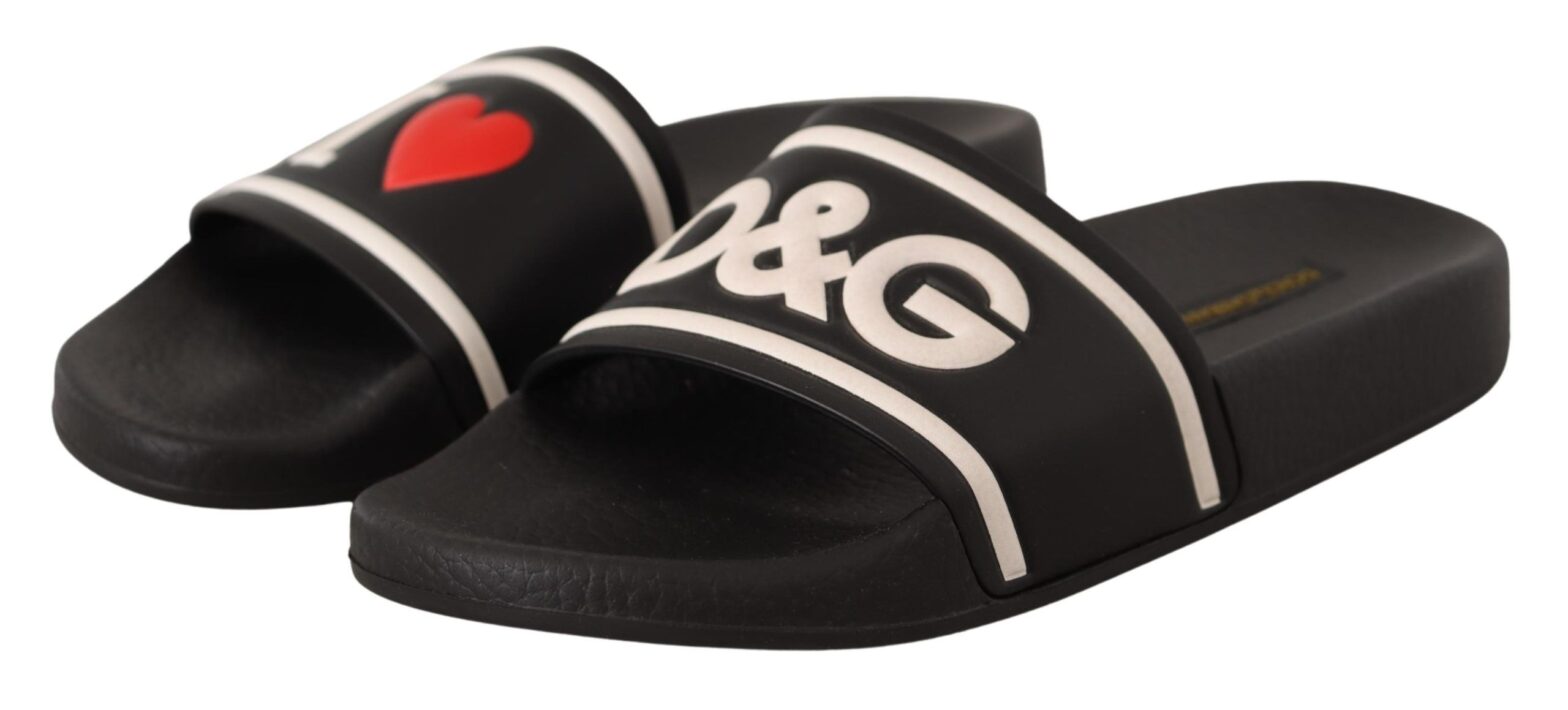 Dolce & Gabbana - Black Leather I Love D&G Slides Sandals