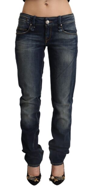 Dark Blue Washed Cotton Skinny Denim Low Waist Jeans
