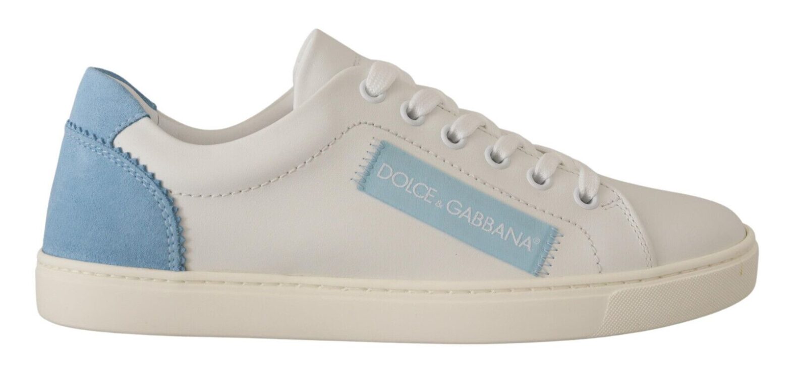 Dolce & Gabbana - White Blue Leather Low Top Sneakers Shoes