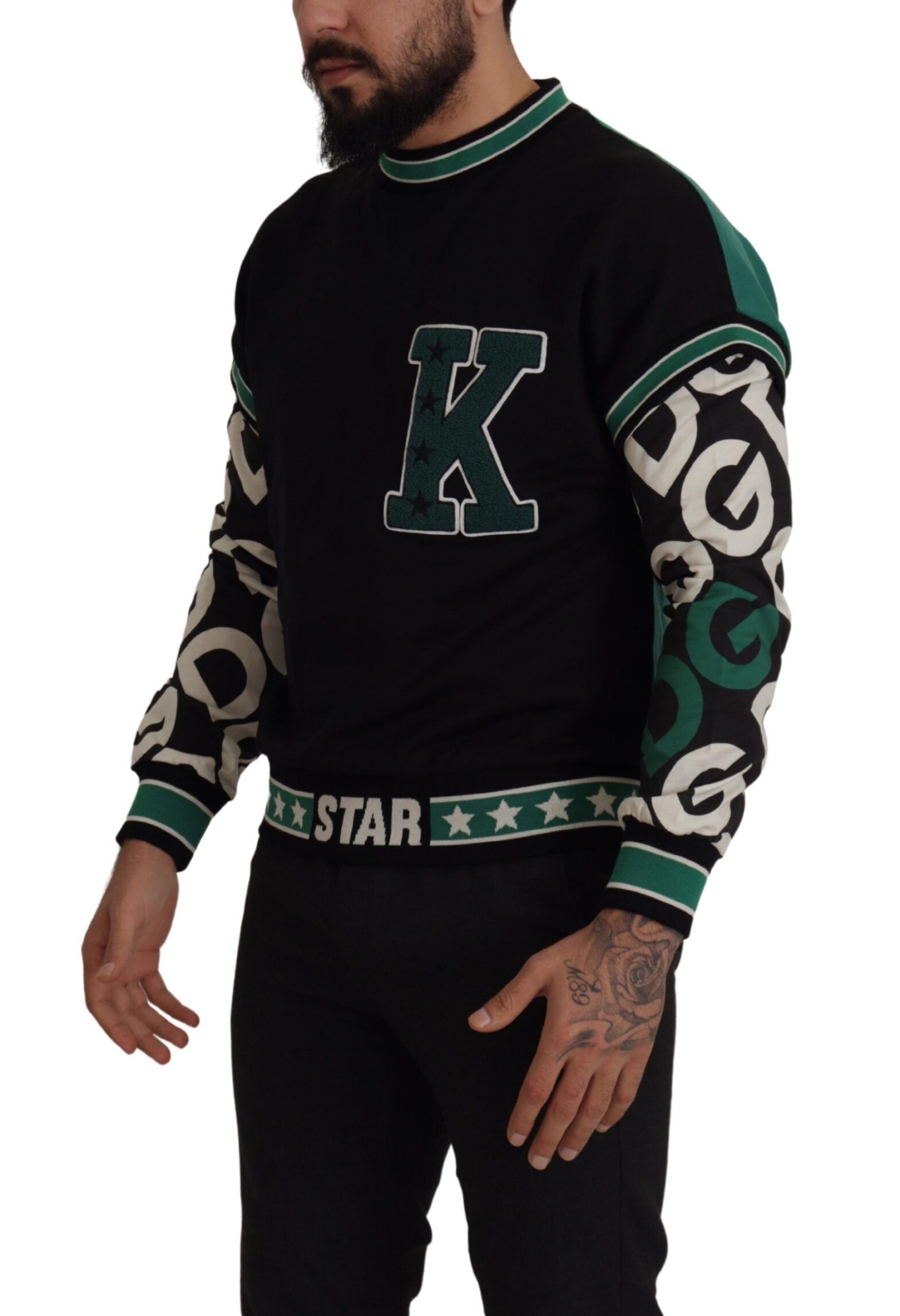 Dolce & Gabbana - Black Green Cotton KING Star Crewneck Pullover Sweater
