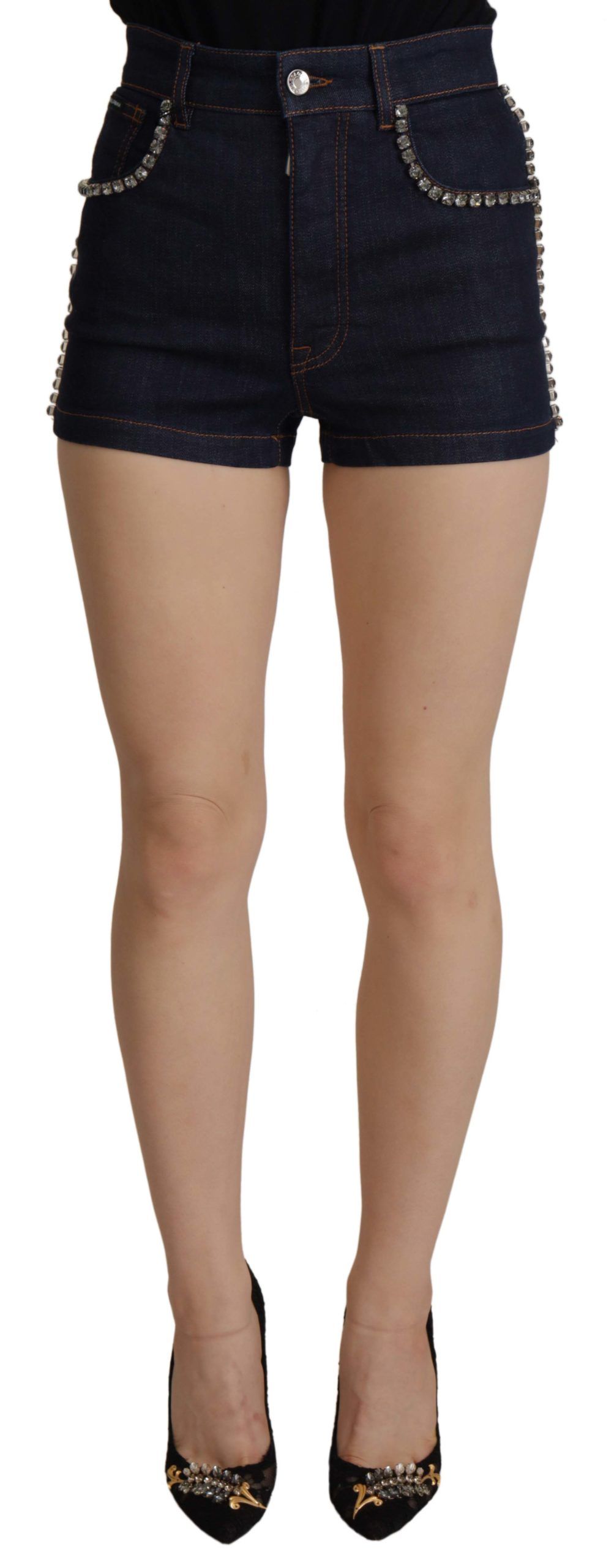 Dolce & Gabbana - Blue Denim Stretch Crystal Hot Pants Shorts