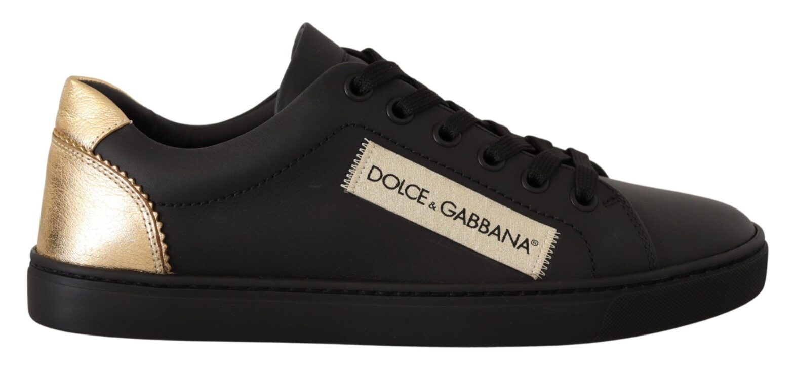 Dolce & Gabbana - Black Gold Leather Low Top Sneakers Womens Shoes