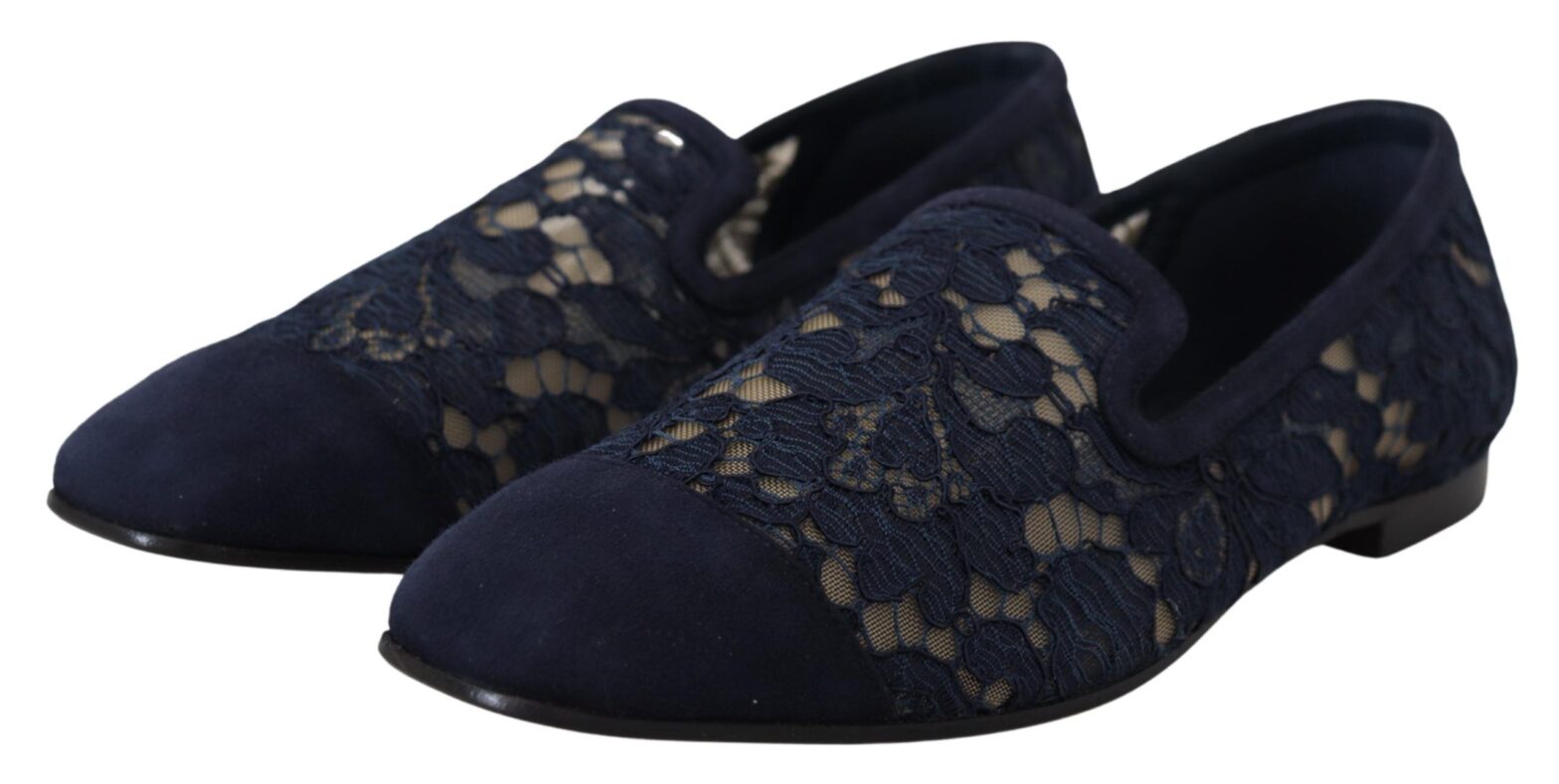Dolce & Gabbana - Blue Floral Lace Slip Ons Loafers Flats Shoes