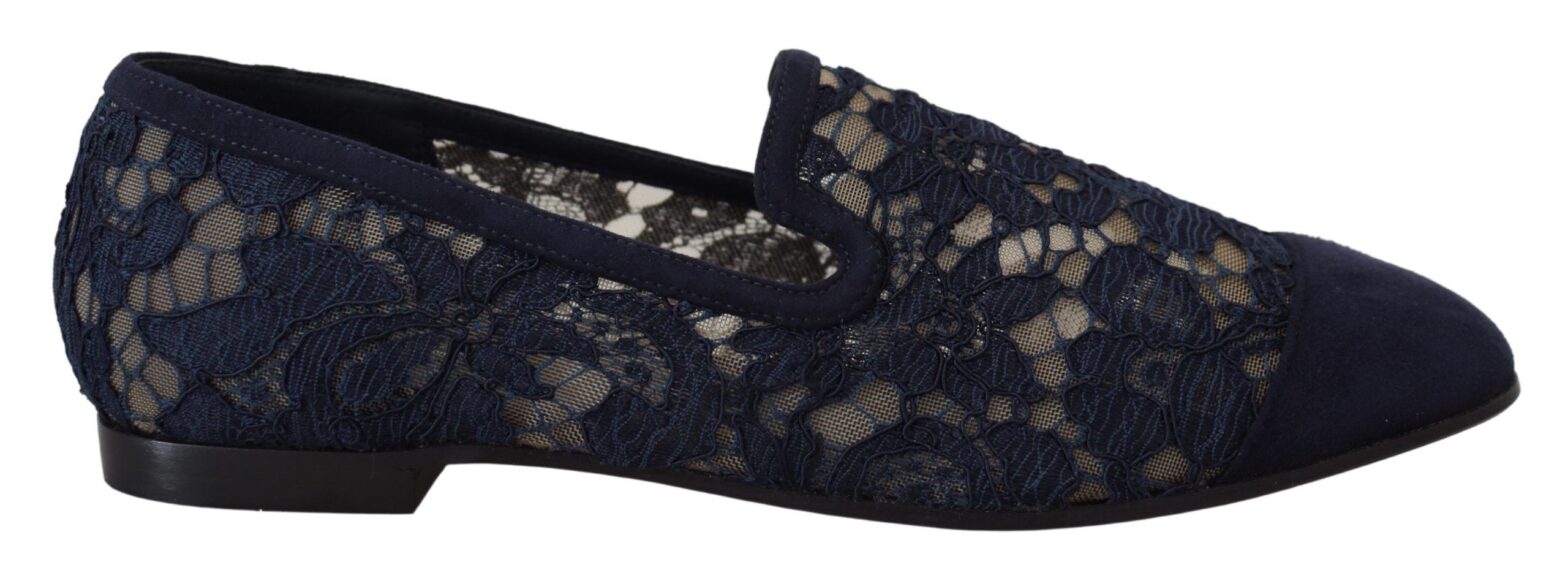 Dolce & Gabbana - Blue Floral Lace Slip Ons Loafers Flats Shoes