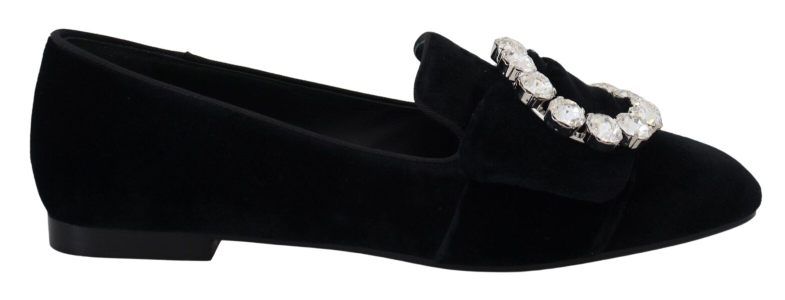 Dolce & Gabbana - Black Velvet Crystals Loafers Flats Shoes