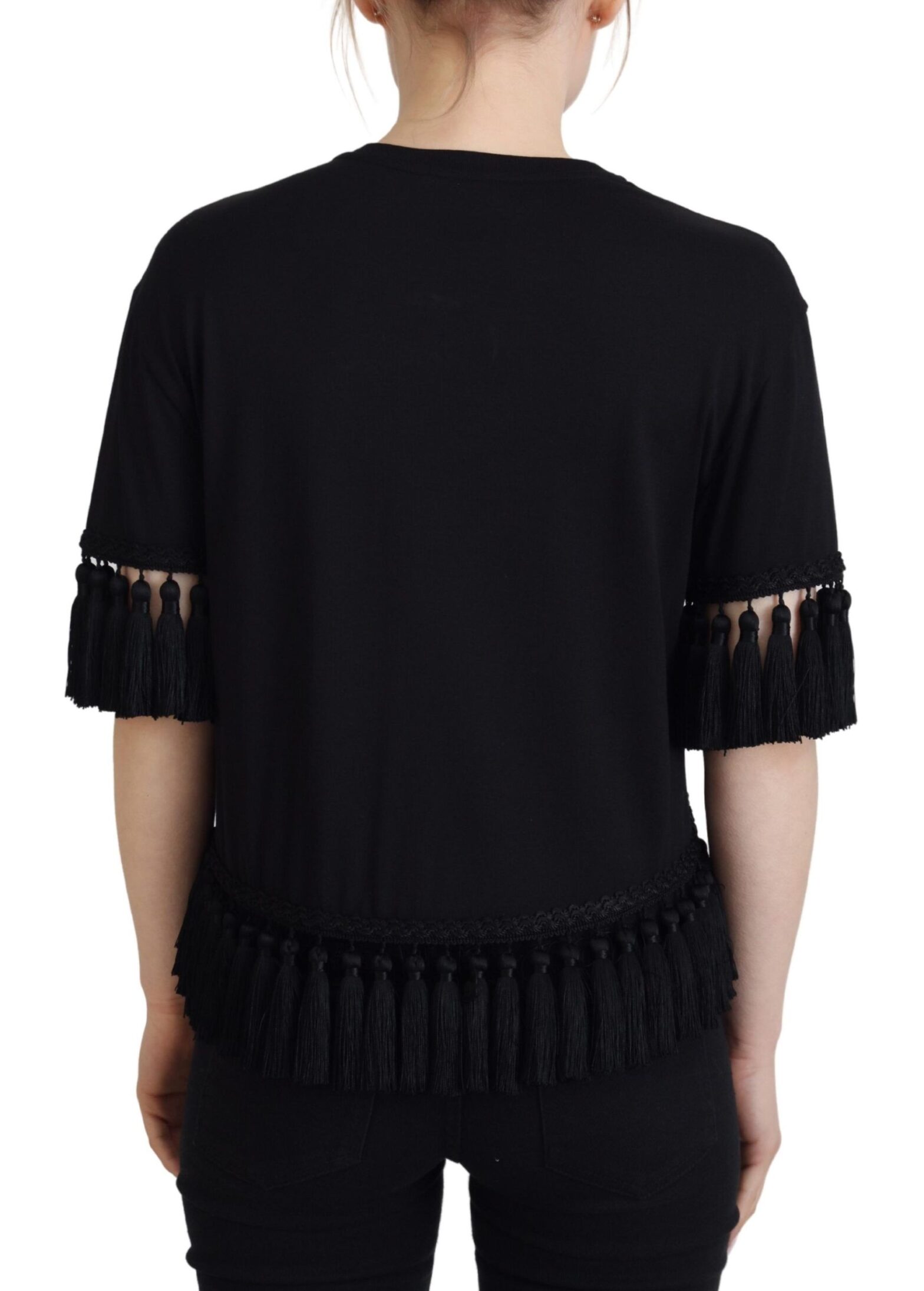 Dolce & Gabbana - Black T-shirt Blouse Tassle Cotton Blouse