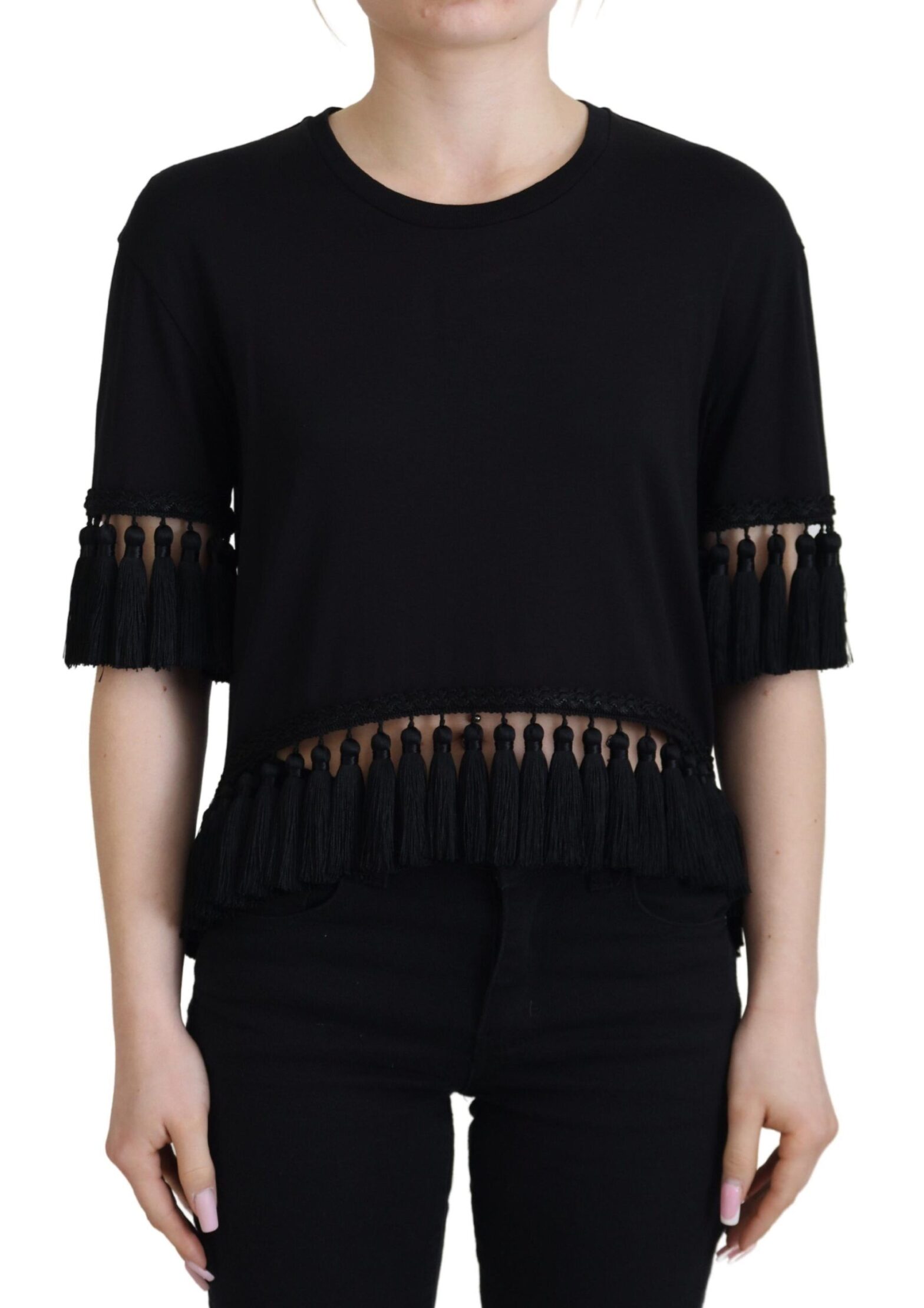 Dolce & Gabbana - Black T-shirt Blouse Tassle Cotton Blouse