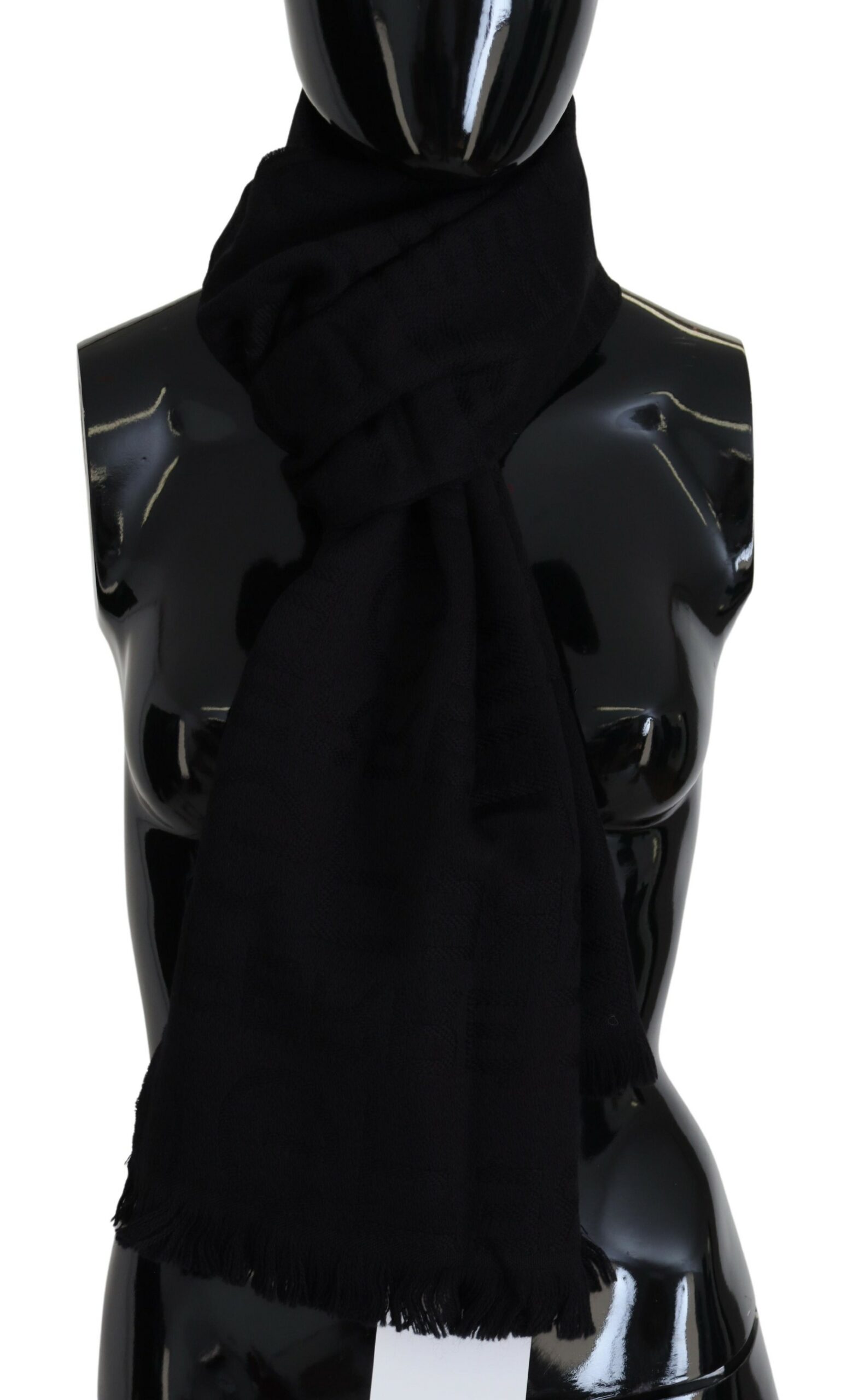 GF Ferre - Black Wool Neck Wrap Shawl Fringes Scarf