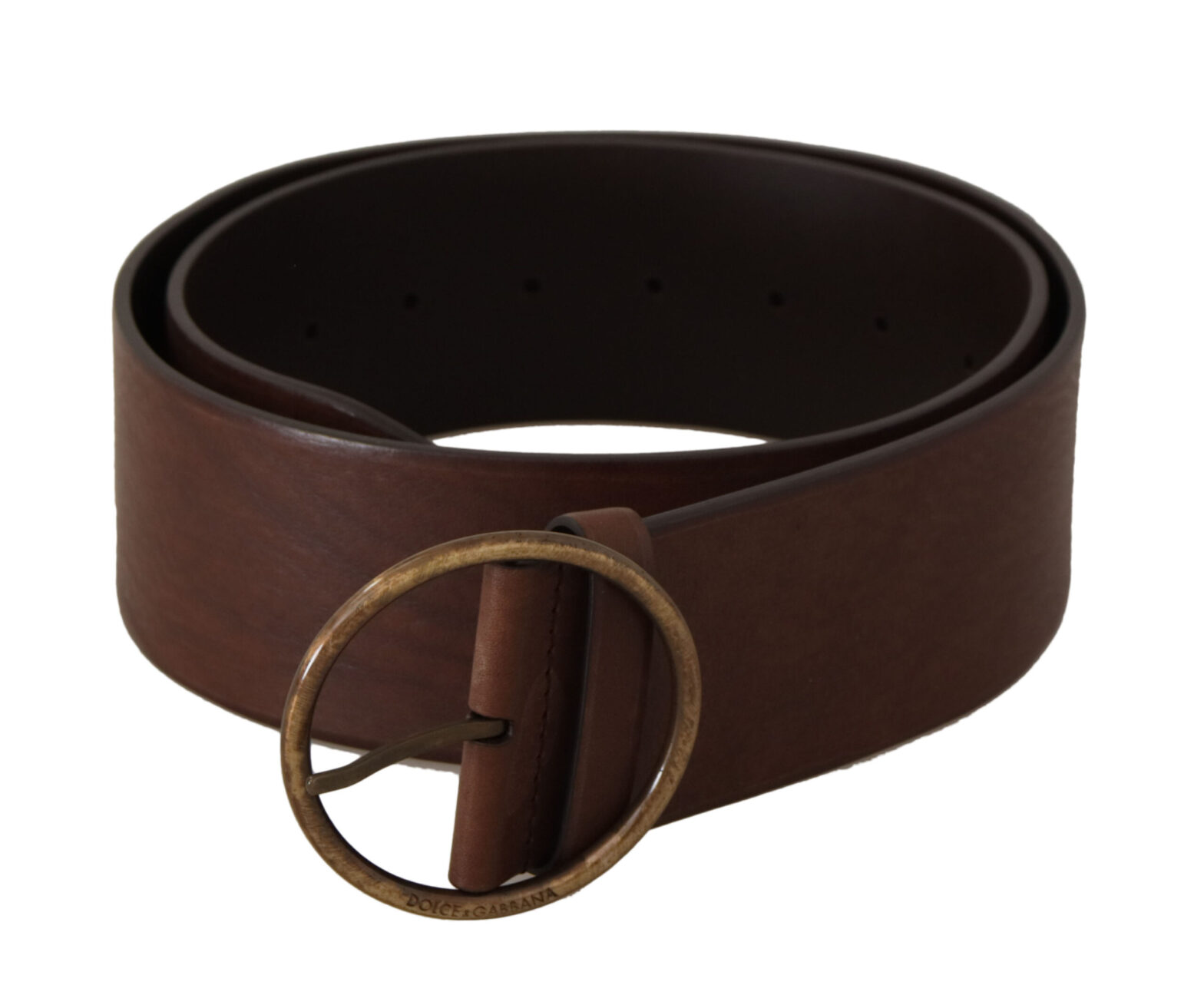 Dolce & Gabbana - Brown Leather Wide Waist Logo Metal Round Buckle Belt