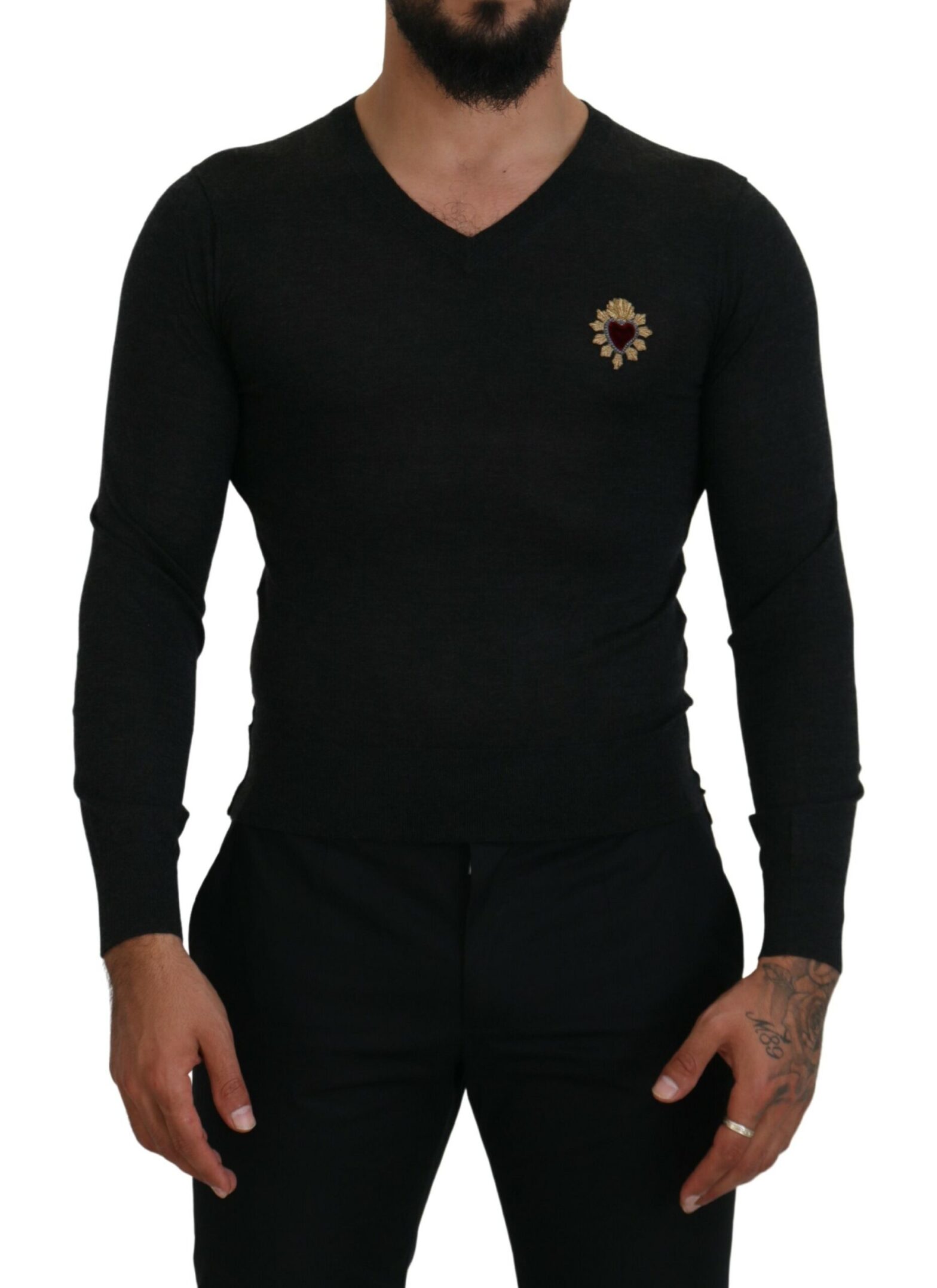 Dolce & Gabbana - Gray Cashmere V-neck Gold Heart Sweater