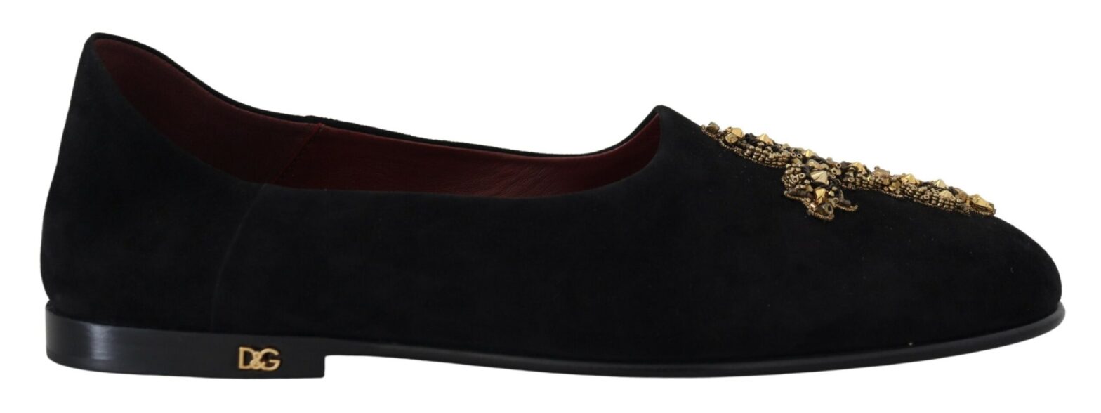 Dolce & Gabbana - Black Suede Gold Cross Slip On Loafers Shoes