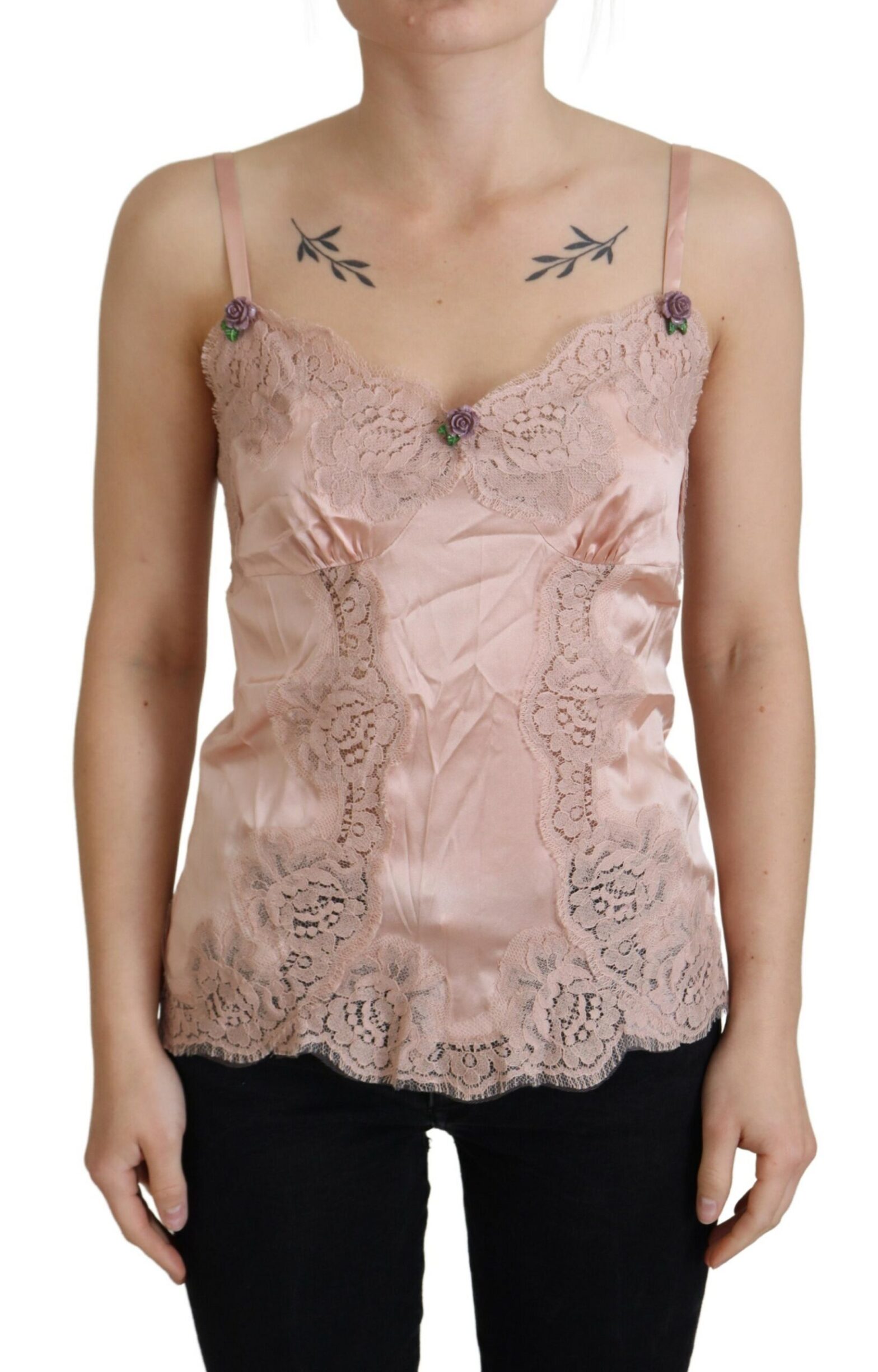 Dolce & Gabbana - Pink Satin Lace Roses Tank Top Lingerie