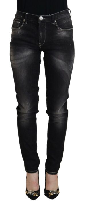 Black Washed Mid Waist Tapered Women Casual Denim Jeans