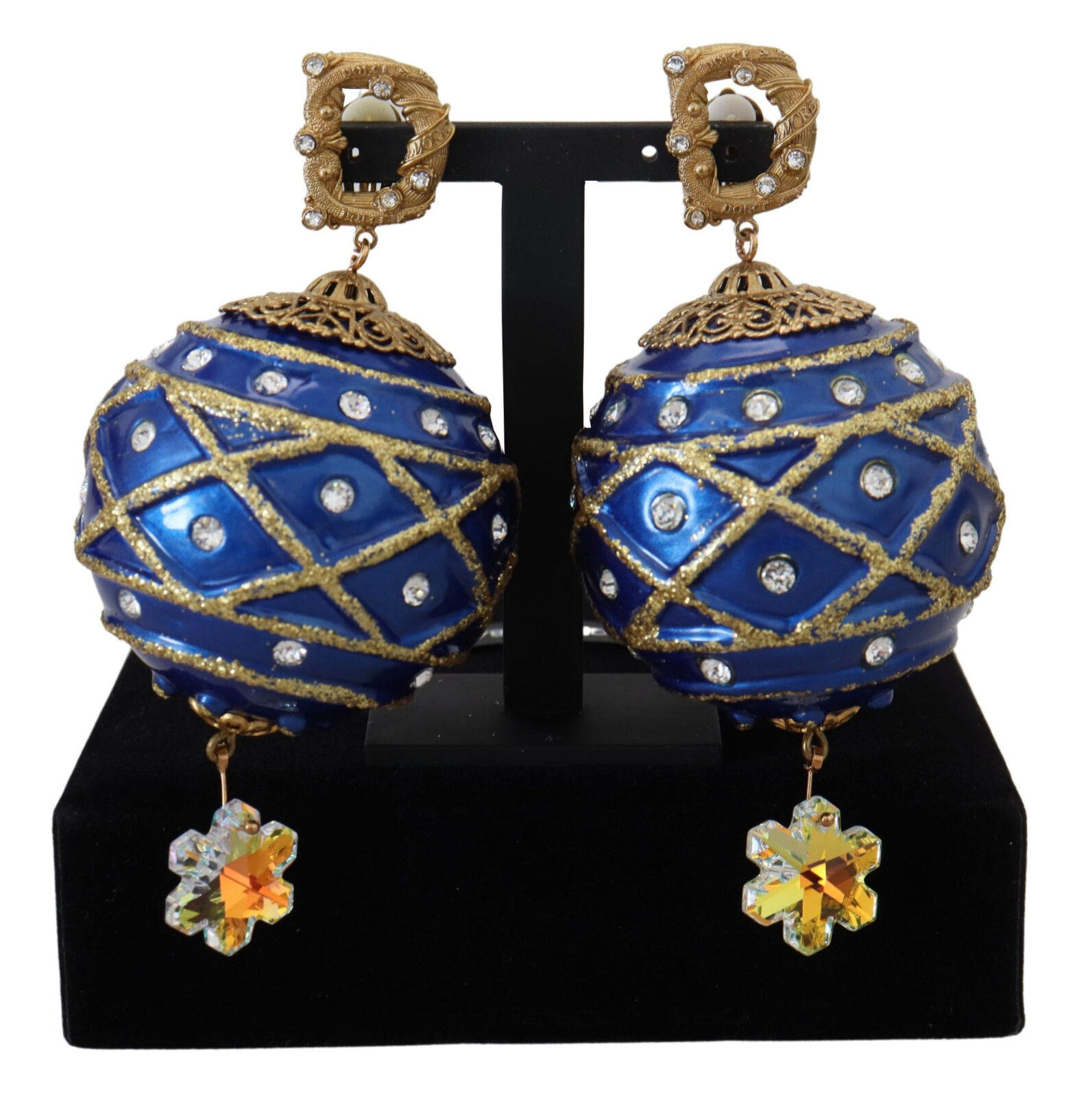Dolce & Gabbana - Gold Brass Blue Dangle Ball Crystal Clip On Earrings