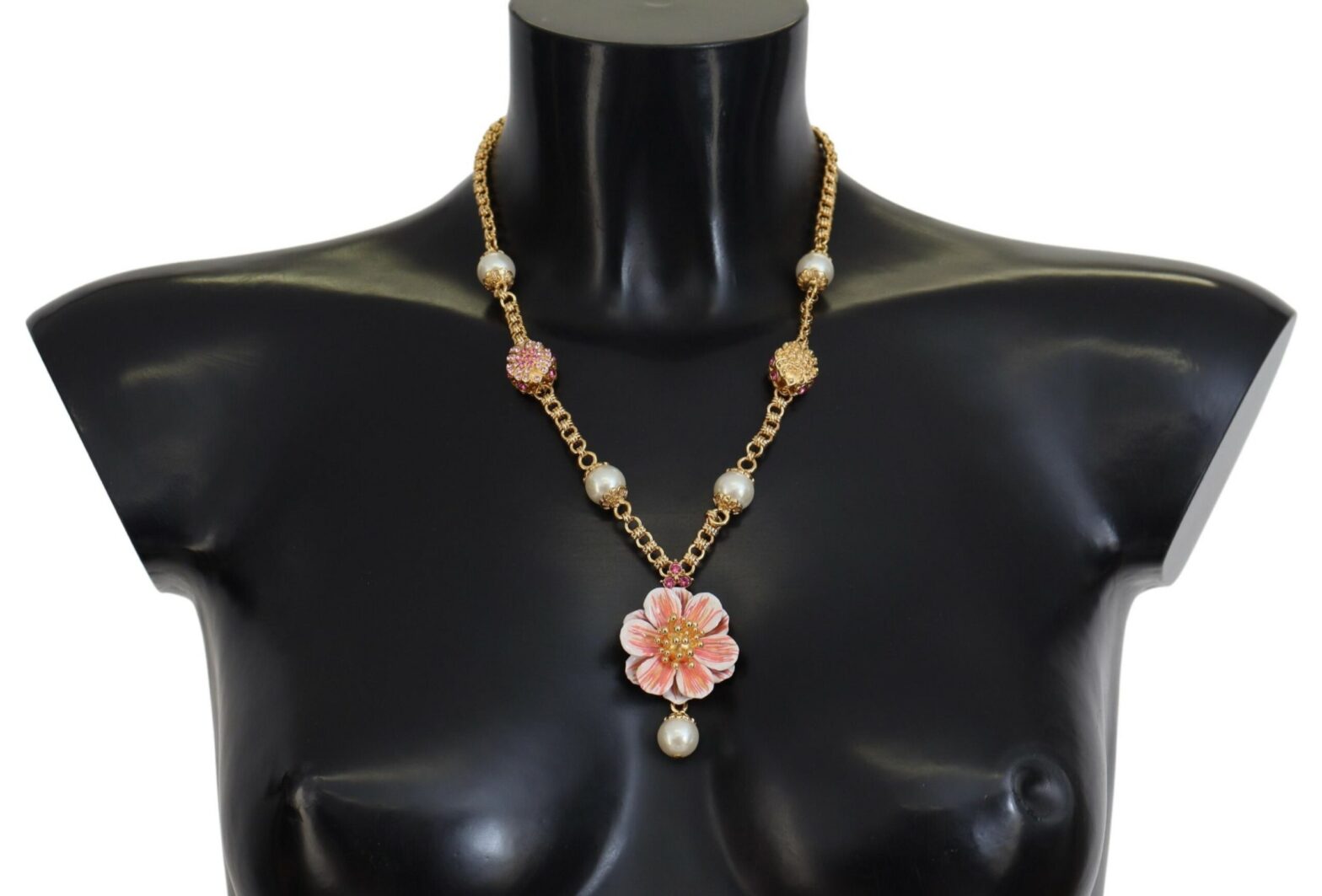 Dolce & Gabbana - Gold Tone Floral Crystals Pink Embellished Necklace