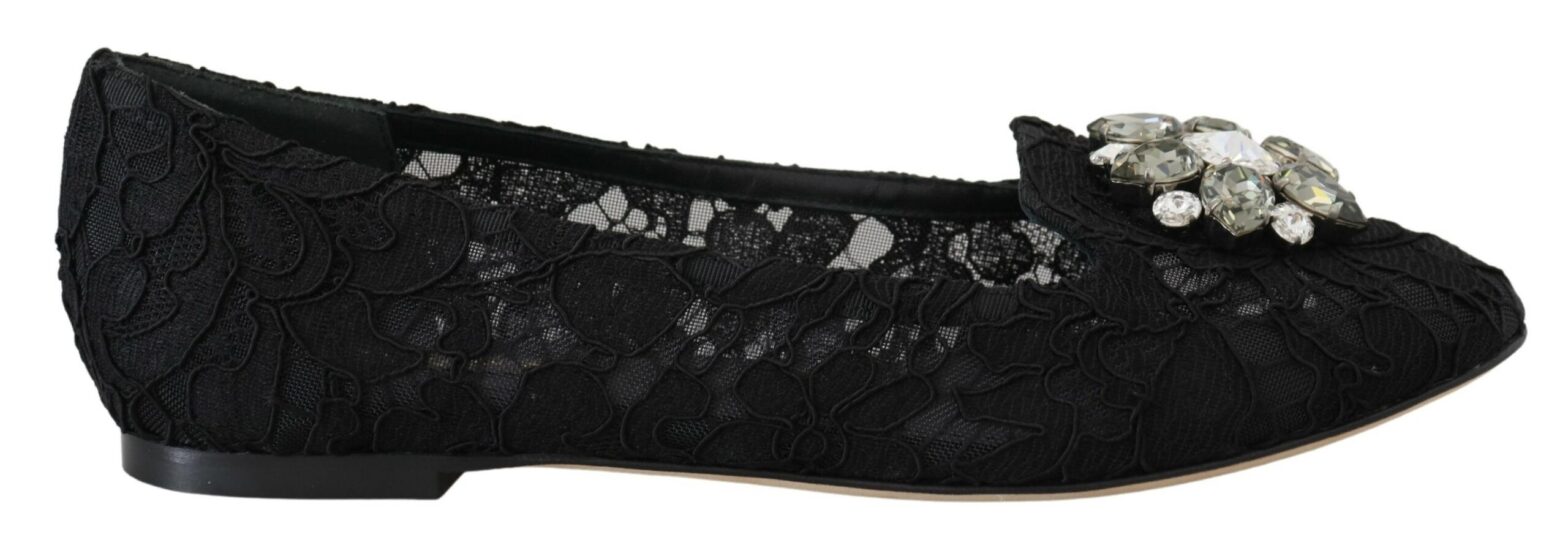 Dolce & Gabbana - Black Taormina Lace Crystals Flats Shoes
