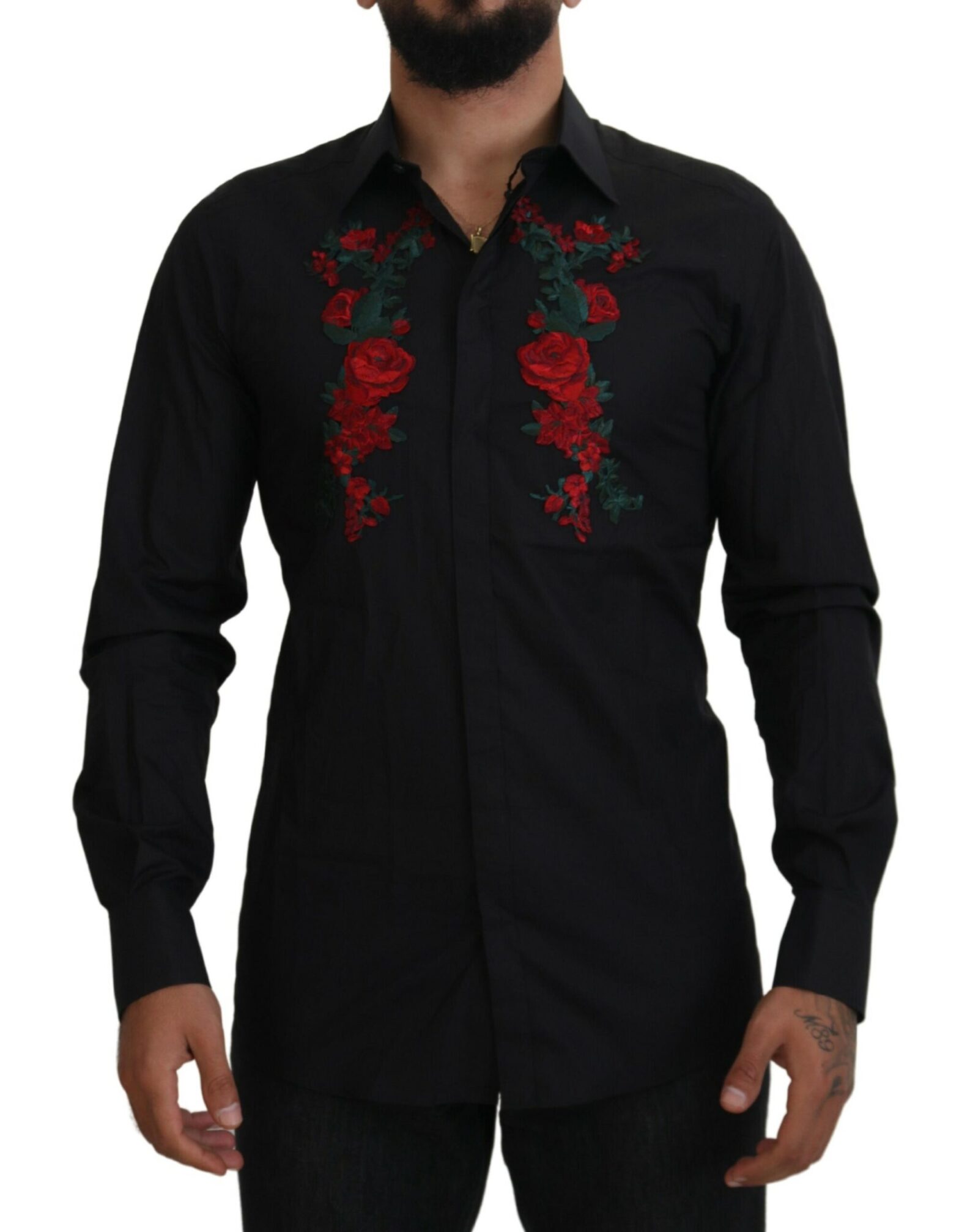 Dolce & Gabbana - Black Floral Embroidery Men Long Sleeves GOLD Shirt