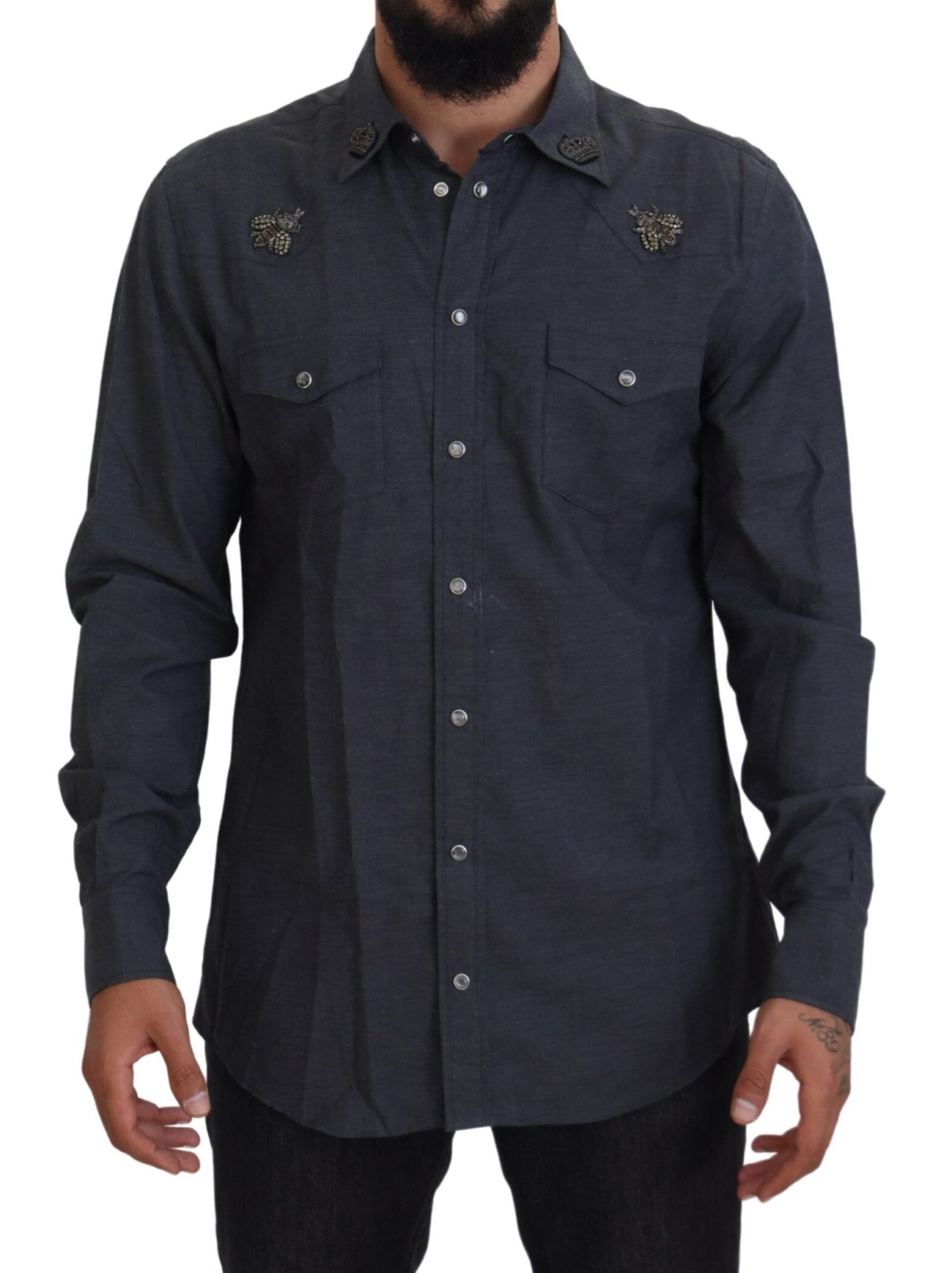 Dolce & Gabbana - Blue Cotton Denim Crystal Bee Shirt